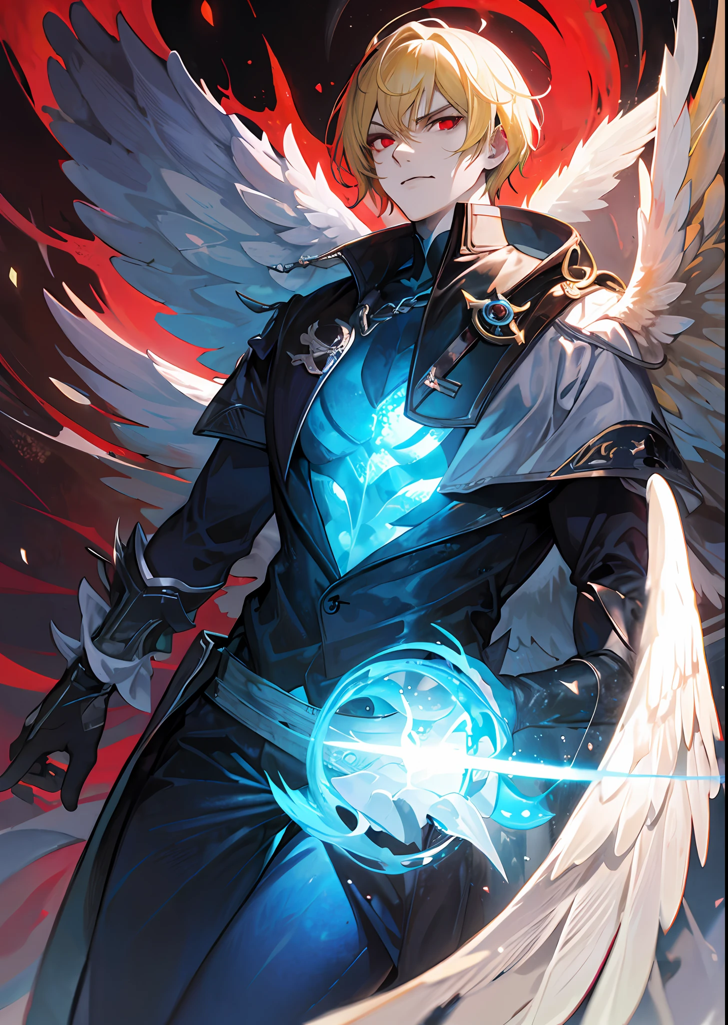 Giant man with angel wings, bluish skin, evil look, short blonde hair, evil aura, red aura, red eyes