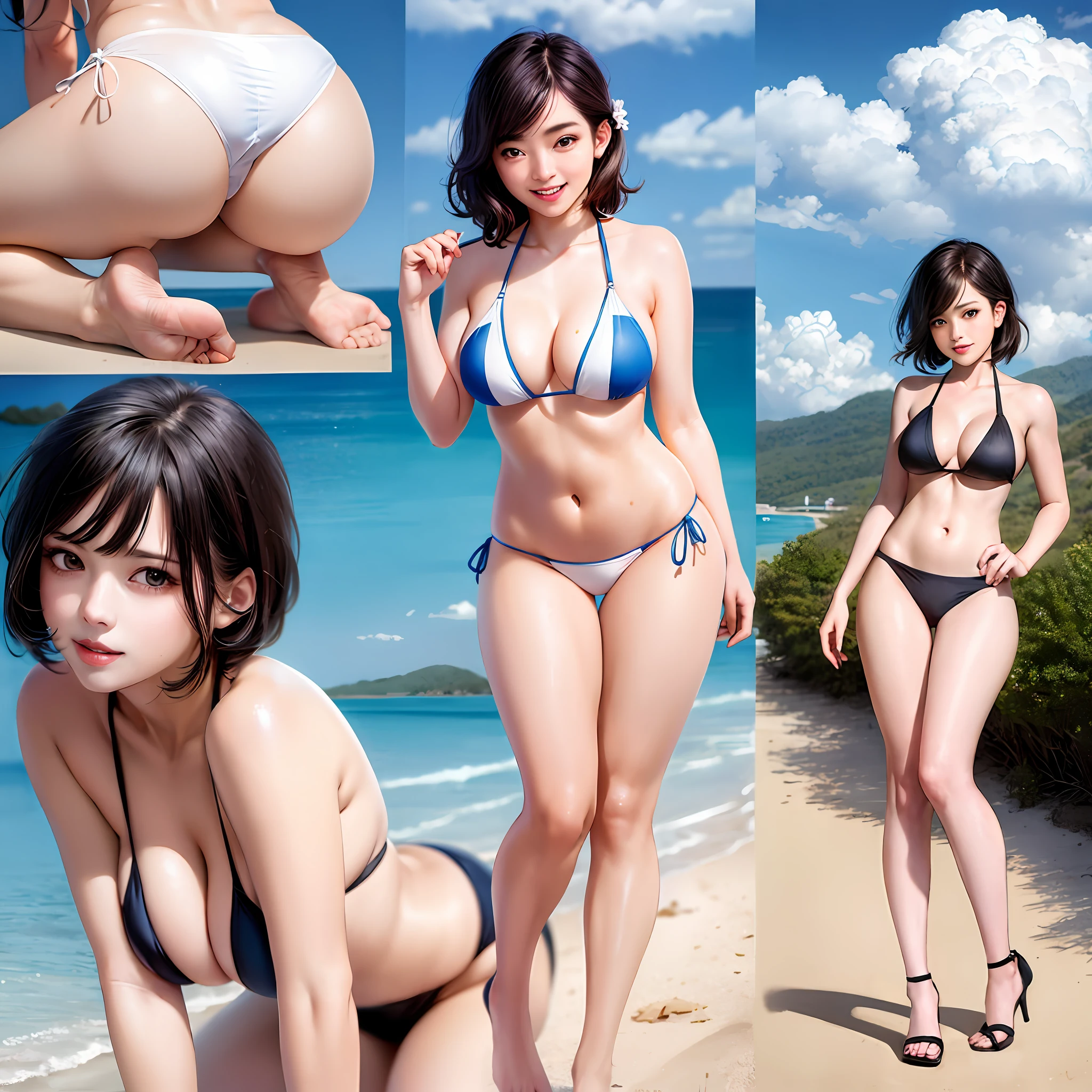 Top quality, ultra-high resolution, surreal, pores, photo, (photorealistic: 1.4), full body image, face looks exactly like Minami Hamabe, hairstyle is the same as Minami Hamabe, beach, white see-through swimsuit, toned slim body, big, big, beautiful breasts, beautiful legs, long legs, high heels, small ass, gravure idol, campaign girl, smile, natural pose, clear blue sea, Ultra-detailed eyes, white sand, erotic and sexy swimsuit, windblown hair, bright smile, charm, confidence, bold and exciting, extreme string bikini, too small triangle bikini, filamentous micro bikini, T-front shorts, V front panties, waist sticking out, see-through swimsuit, short hair, black hair, topless,