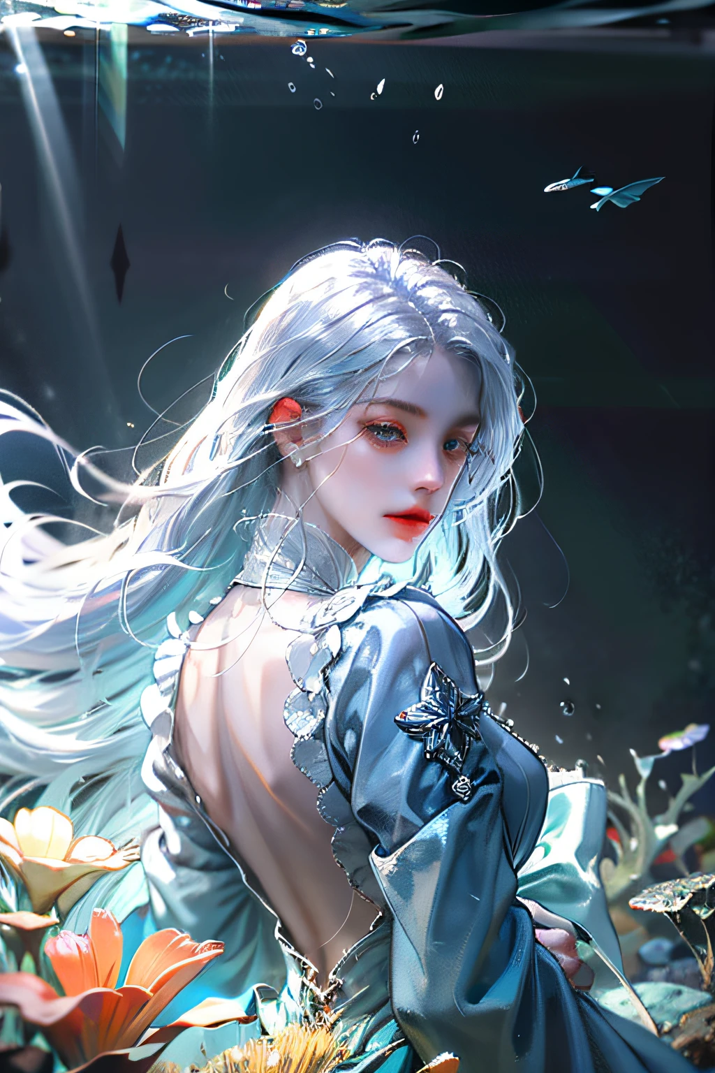 (absurdres, highres, ultra detailed), 1girl, solo, mature, (long white hair), fanasy, long sleeve, elegant, holy, colorful, highest detailed, underwater, floating hair, flower, looking back, upper body