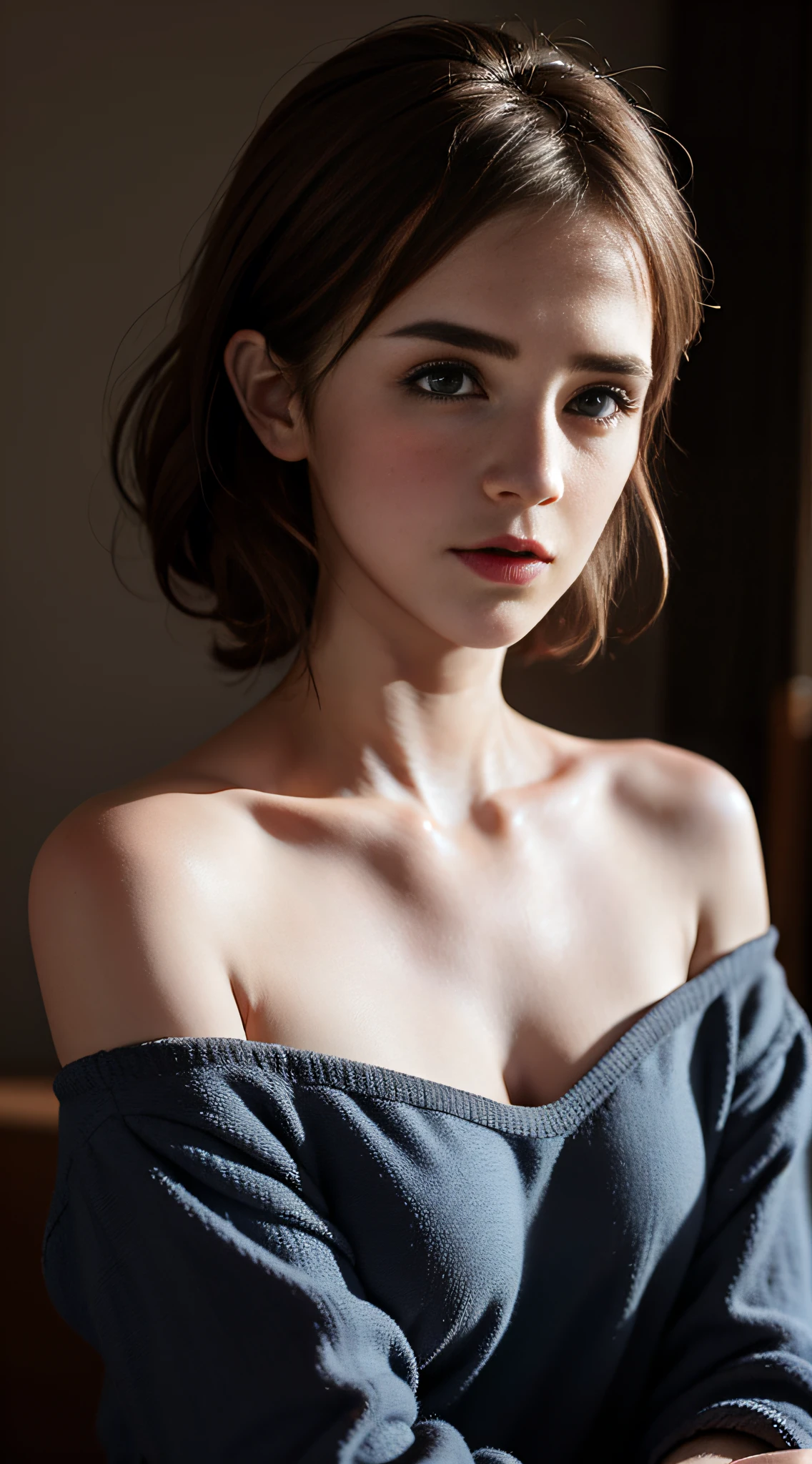 Emma Watson, Best Quality, Masterpiece, Ultra High Resolution, (Realism: 1.37), RAW, Off-the-Shoulder, In the Dark, Deep Shadows, Understated, Cold Light
