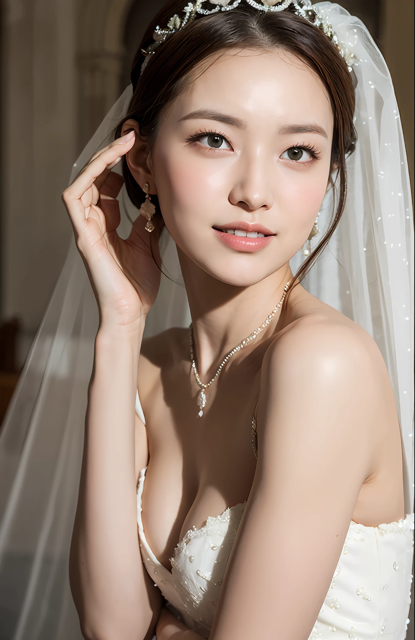 Turbulent posture, (very delicate and beautiful work), (masterpiece), 1girl, girl in a wedding dress with a tiara on her head, in front of the church, veil, lace, high definition, ridiculous, charming expression, smile, beautiful clear eyes, green eyes, delicate necklace, delicate earrings, whole body, various poses simple background blur, ultra-fine depiction, beautiful, attractive, ultra-fine picture, delicate face, delicate figure, thin collarbone, lovely lips, beauty big, soft back, mix4, (8k, RAW photo, highest quality), masterpiece: 1.2), (realistic, photorealistic: 1.37), one girl, cute, professional lighting, photon mapping, radiosity, physically based rendering