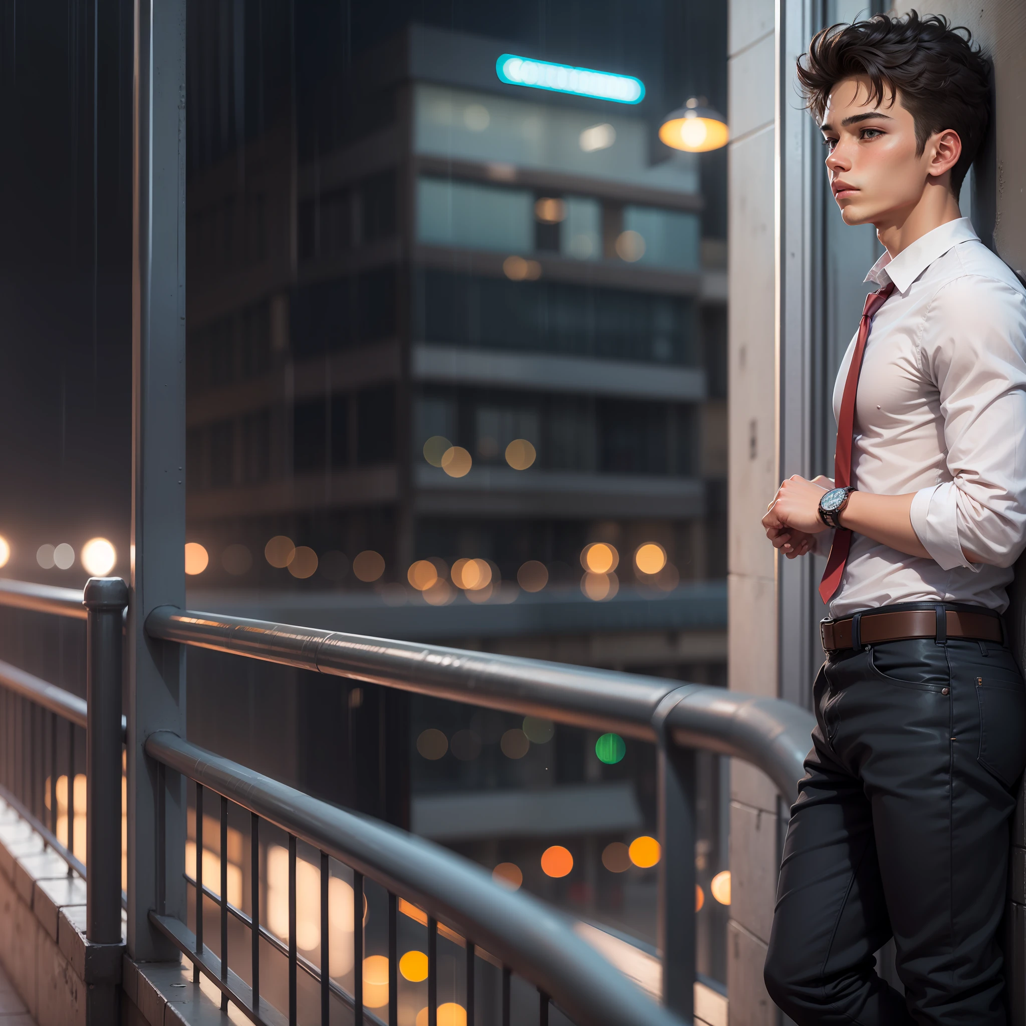 Handsome teenager waiting at balcony, clear hd face, wind, rainy weather, night city lights.