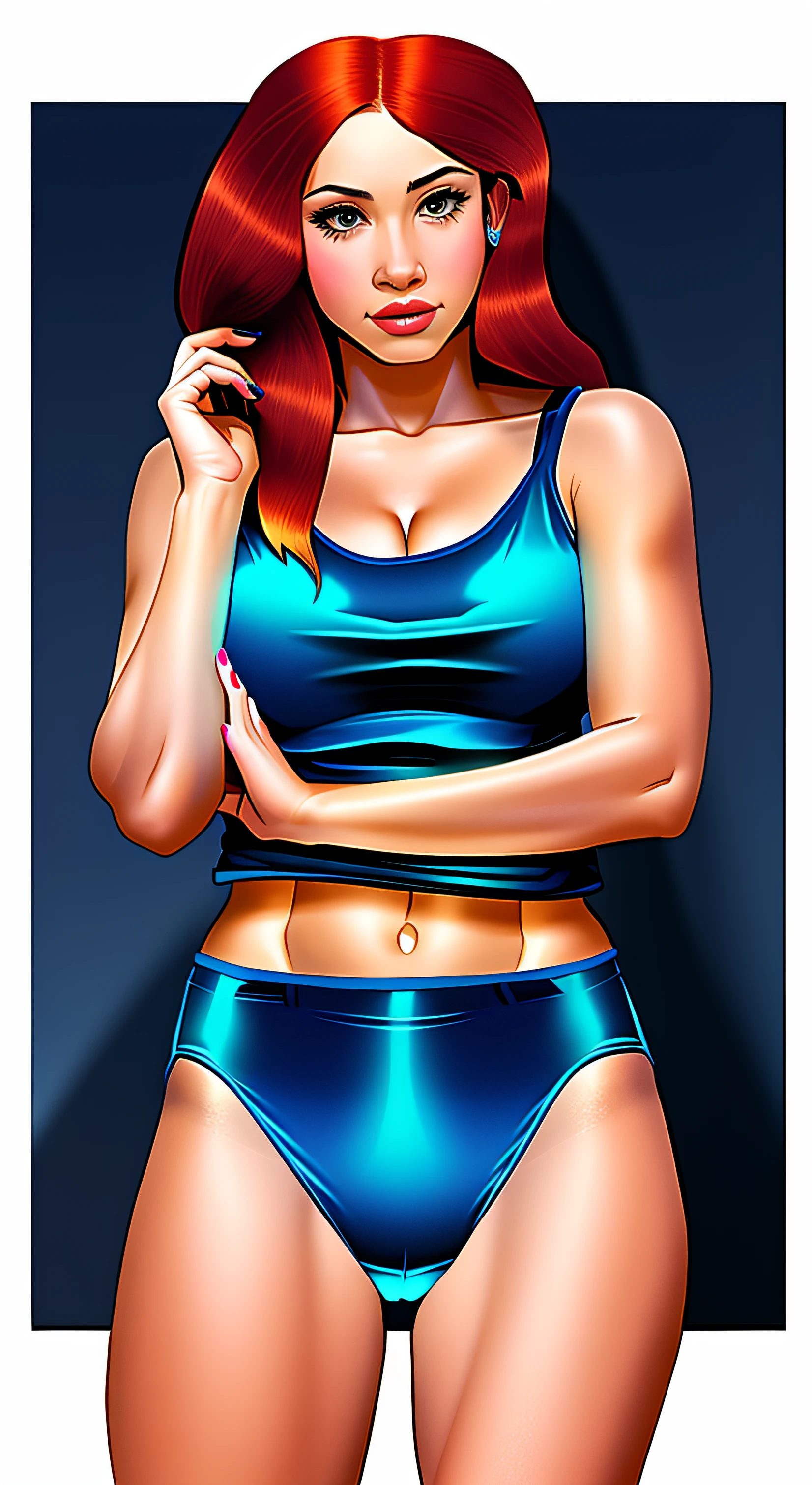 Red haired Latina, in white tank-top, white cotton panties, no pants, blue background, comic book art style, intricate details