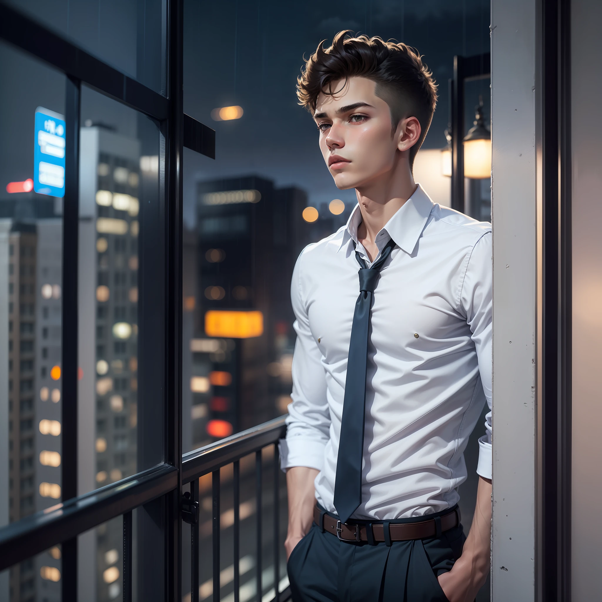Handsome teenager waiting at balcony at top floor, clear hd face, wind, rainy atmosphere, city lights.