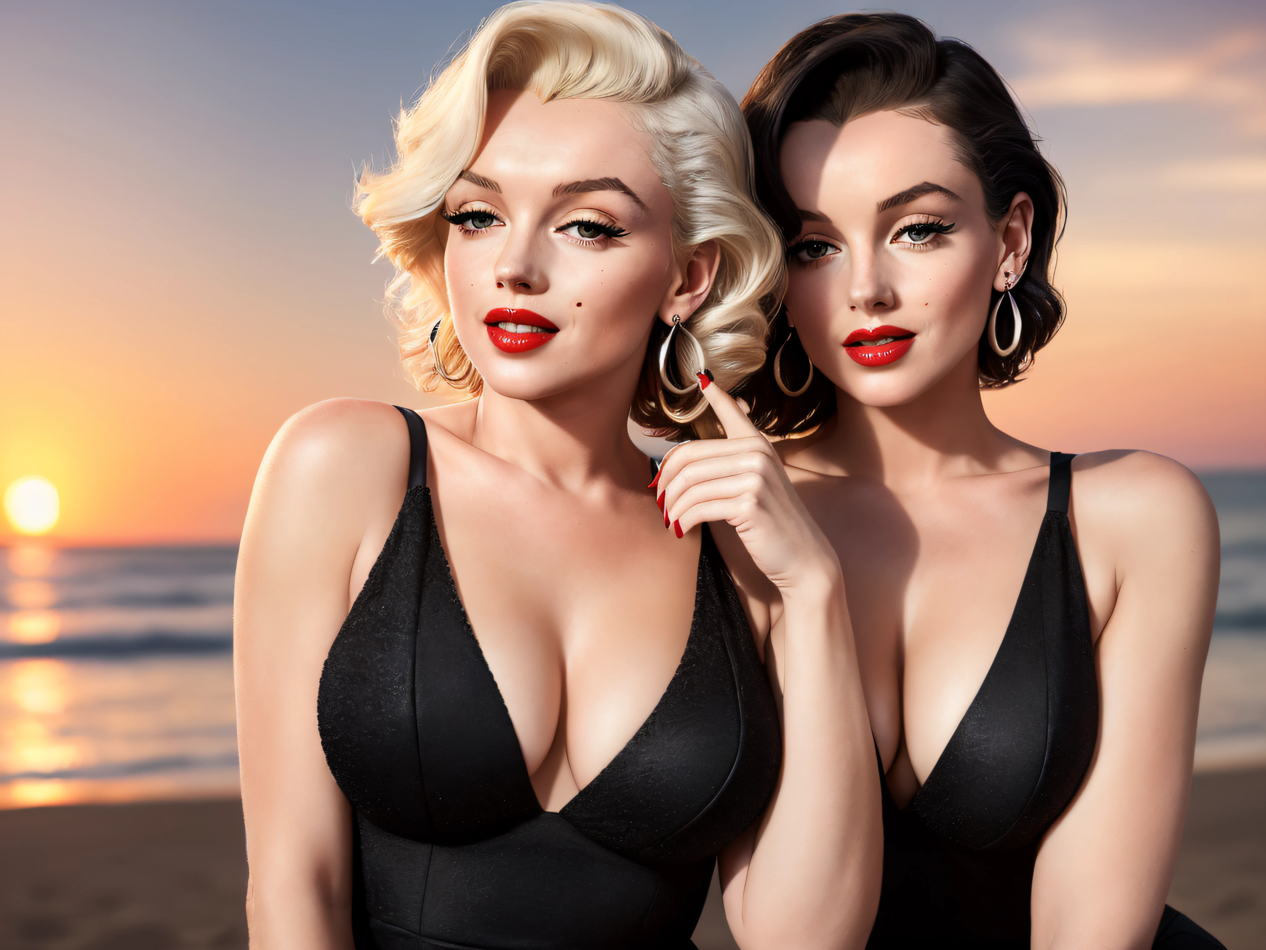 Complex scenes, perfect, dreamy aesthetics, beautiful Marilyn Monroe photo, 36 years old, (((One woman)), solo, earrings, fun raw photo with exciting breasts in seductive clothes, cleavage, white hair, white skin, always wearing makeup, red lips, attractive posture, sunset, refreshing breeze, very attractive, dynamic pose, ((wearing a black dress)), Amazingly gorgeous, flirty and playful, Marilyn Monroe face, clear eyes, precise facial features, upper body angle, smooth, slightly powdered skin texture, feathering, (detailed skin), realistic and realistic texture, muffled light, gradient blending, perfect face proportions, dense skin, optimal ratio of four fingers to one thumb, arms under the chest,