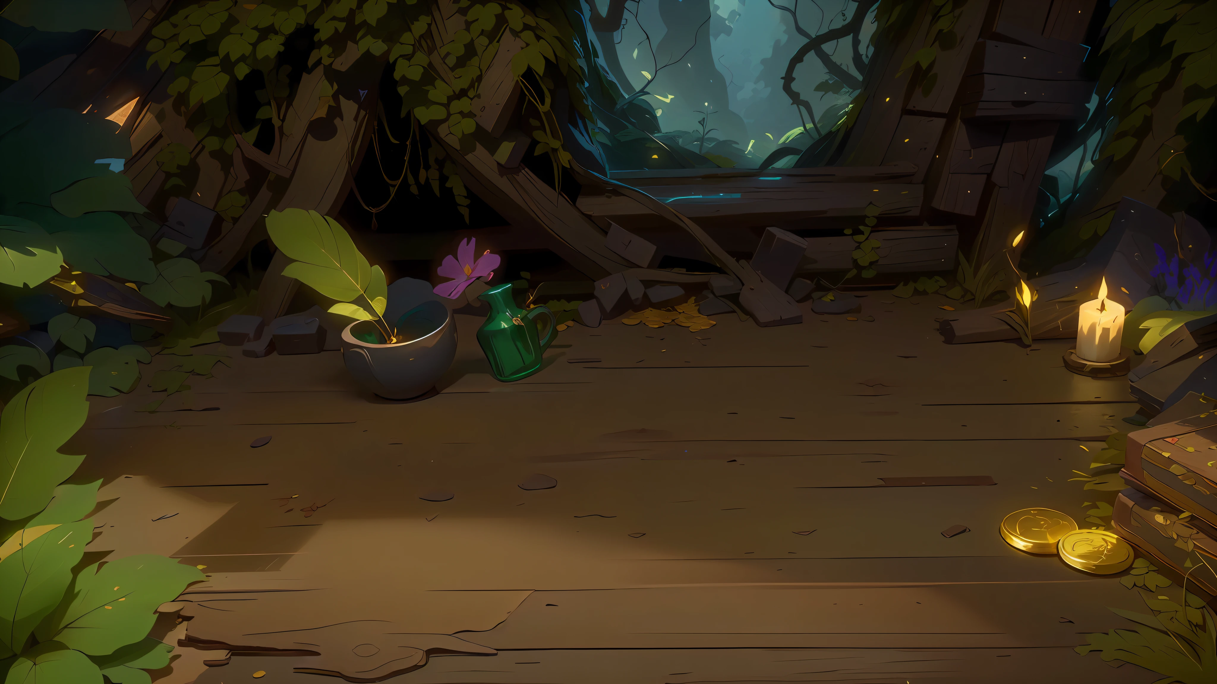 A wizard's room made of wood has (scattered gold coins, fantasy fruits, stout branches, fantasy bottles and candles, wooden textured walls, magic books, wood tabletops, fantasy vegetation), lush foliage foreground, wood countertops with strong texture, wood grain strong, strong sense of material, fantasy magic house, mystery room in the fantasy forest, light beams shining into the windows under the night, Pixar animation style, Pixar cartoon art, best quality, best effect, best sense of material