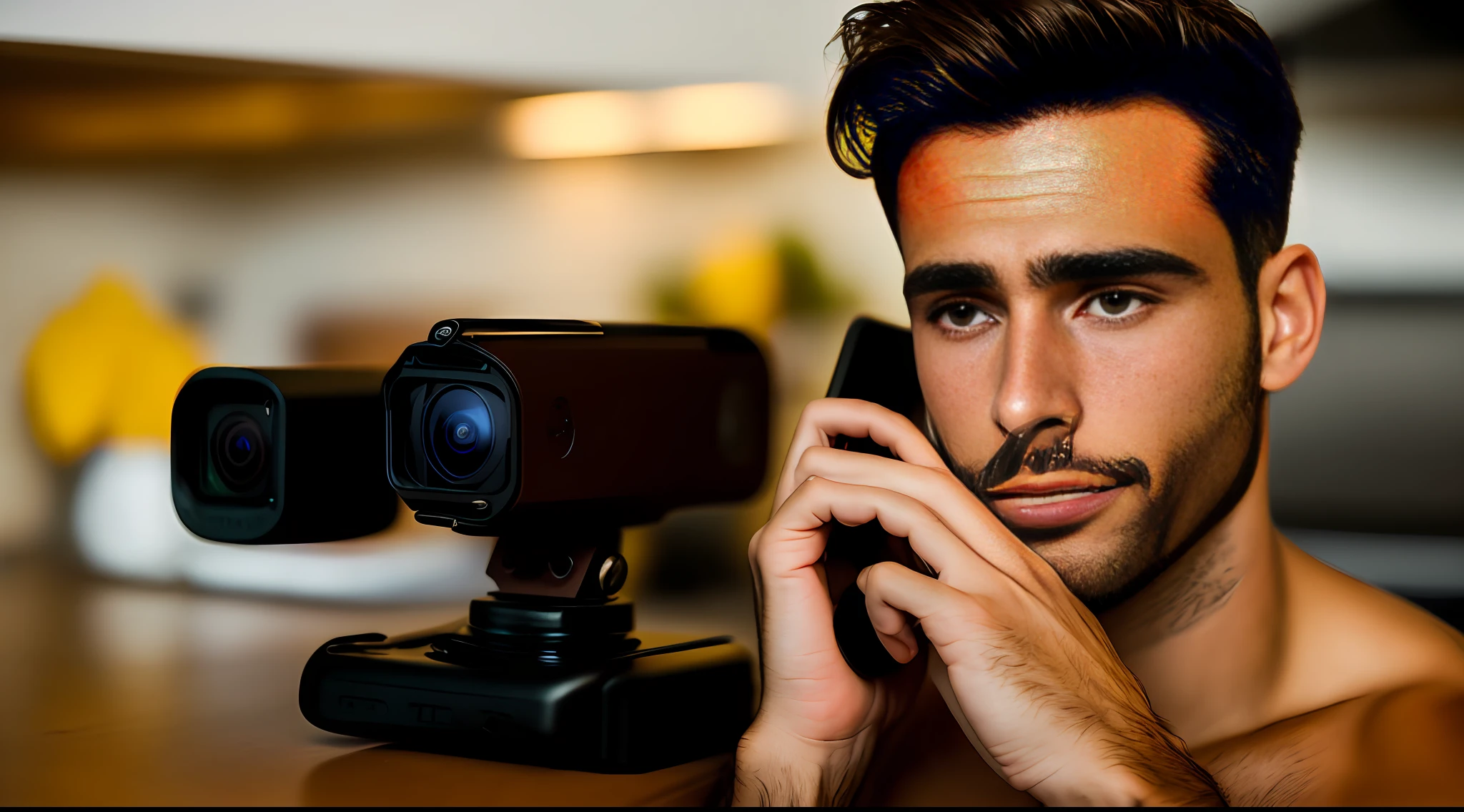 ((closeup)) POV (bodycam footage) of ((a brunette man, brown skin on the phone)) in a kitchen, worried face a phone in the no