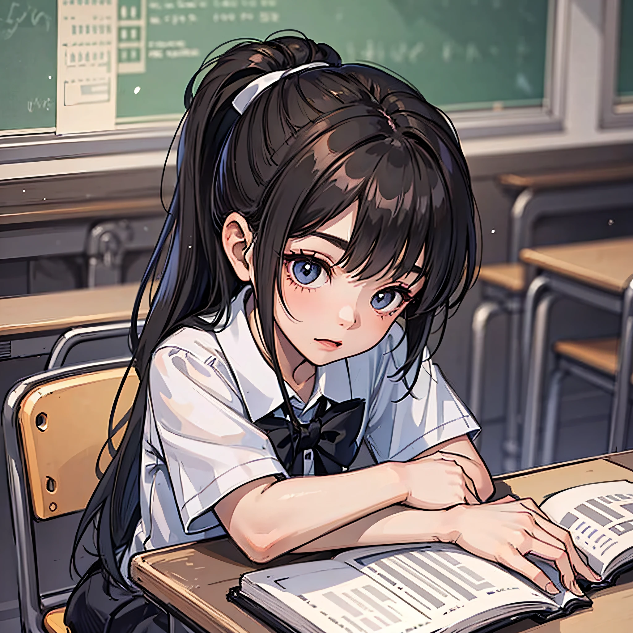 A  with a black ponytail, wearing a school uniform, ruddy and shy, sits in the classroom