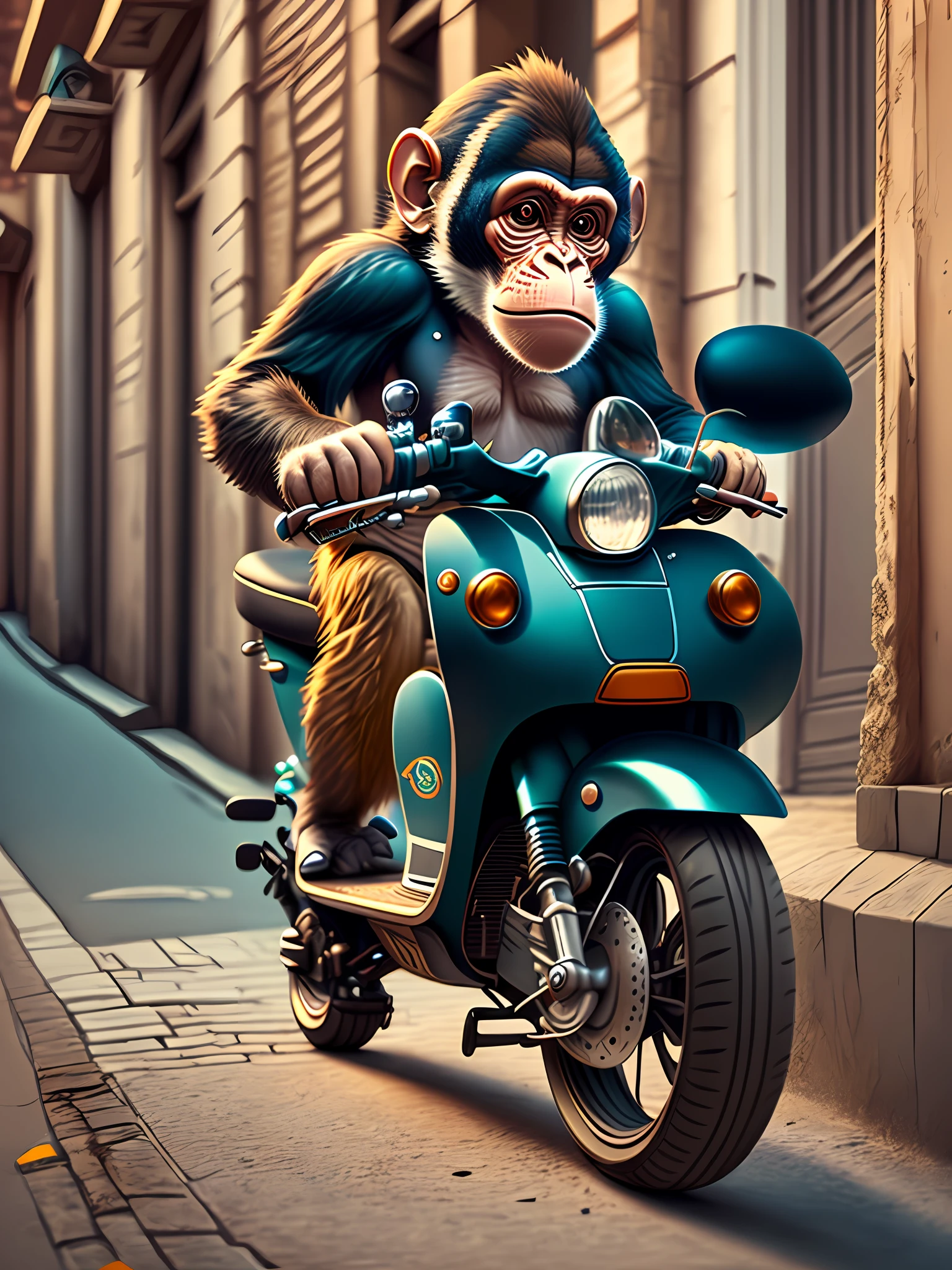 monkey on top of scooter showing middle finger, realistic photo, ultra HD, realistic light, realistic shadow --auto --s2