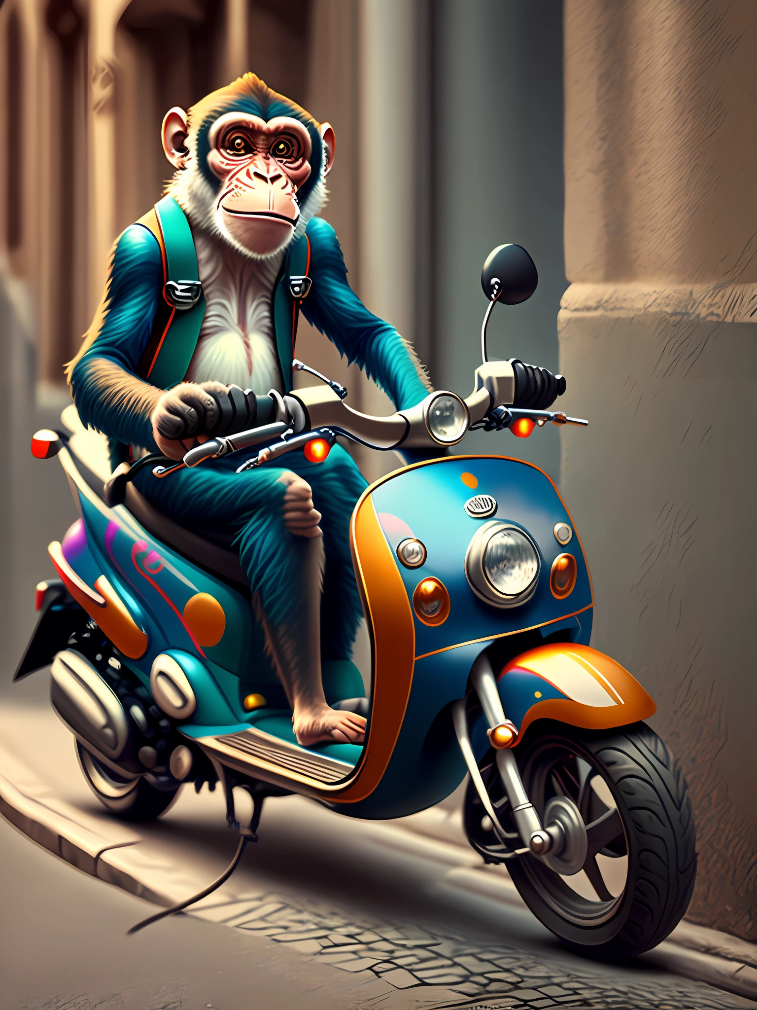 monkey on top of scooter showing middle finger, realistic photo, ultra HD, realistic light, realistic shadow --auto --s2