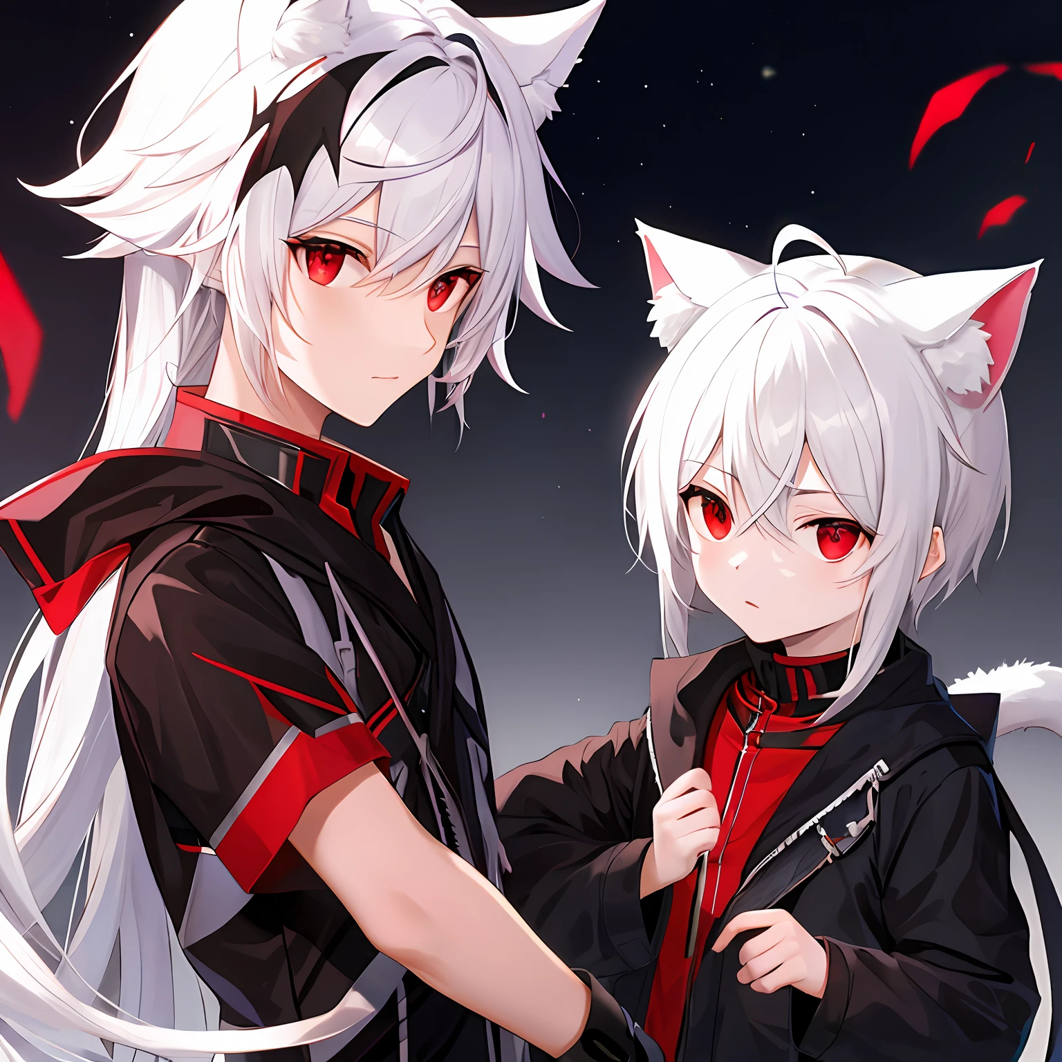 Cat ears, white hair and red eyes, little boy
