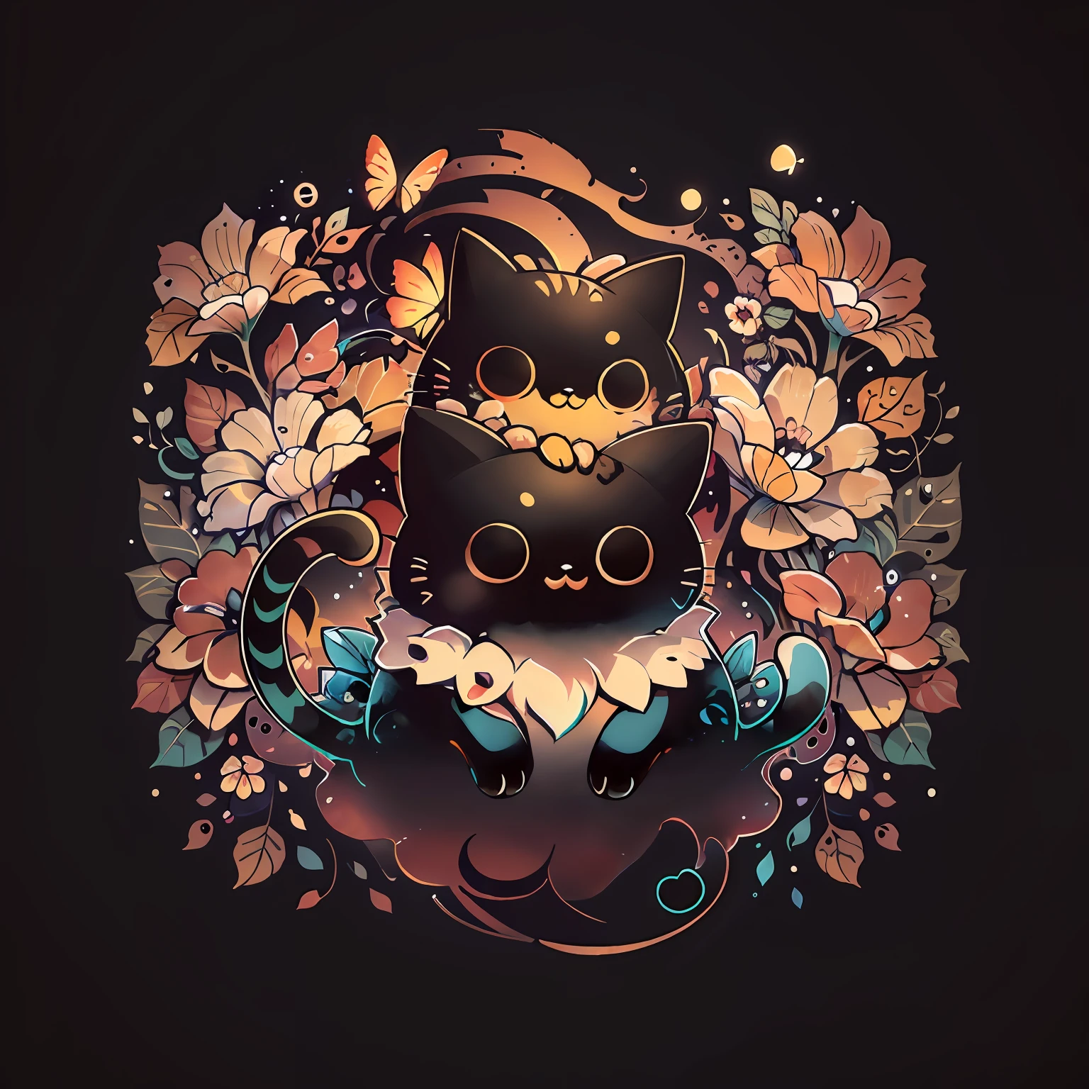 cute 00d, butterfly, flower, cat, {deep black background}