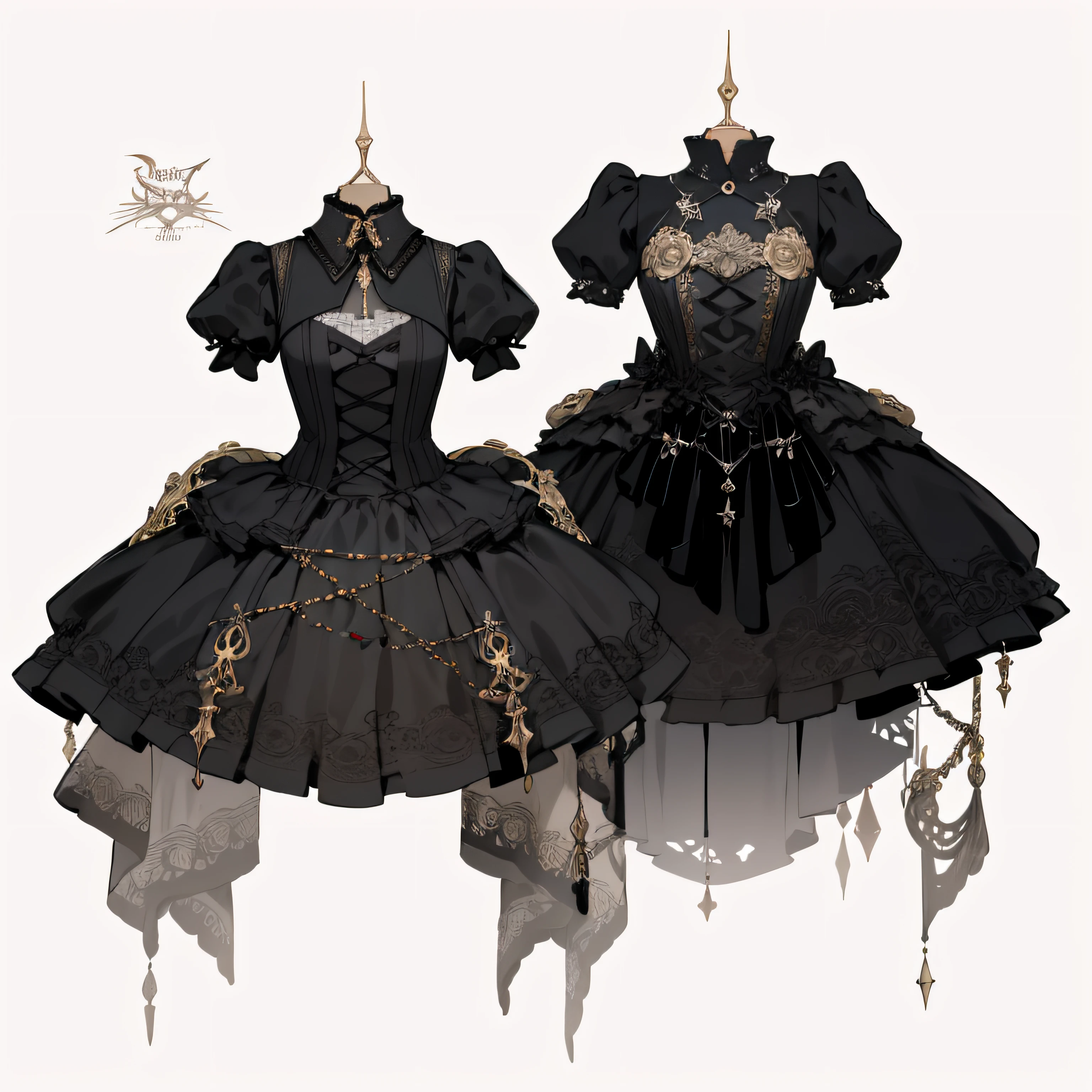 there are two dresses with flowers on them on a white background, outfit design, intricate fantasy dress, witchcore clothes, ornate goth dress, astral witch clothes, black rococo, fantasy outfit, black and red scheme, outfit designs, obsidian pomegranade, in detailed steampunk dress, gothic dress, black gothic lolita dress, gothic outfit, baroque dress, rococo dress