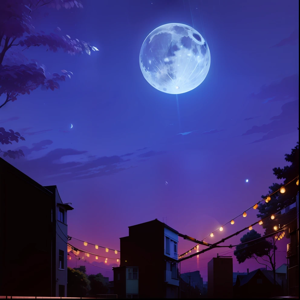full moon over a city with a fence and trees, street moon landscape, moonlit purple sky, moonlit nightscape, city street on the moon, (moon in the background), moonlit night, nighttime moonlit, moons in background, late evening night scene, city,hyperdetailed, moonlight,hyperrealism,realistic --auto