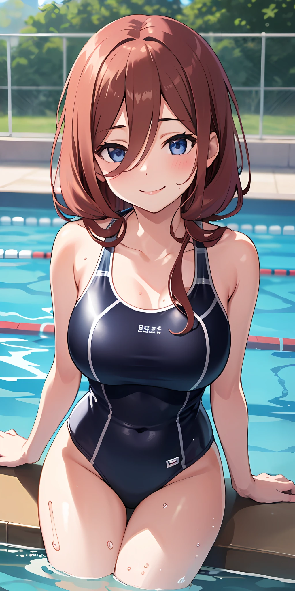 (Best quality:1.3), nakano miku, brown long hair, hair between eyes, large round breasts, one-piece swimsuit, soaking wet:1.3, smiling, swimming pool, (pov)