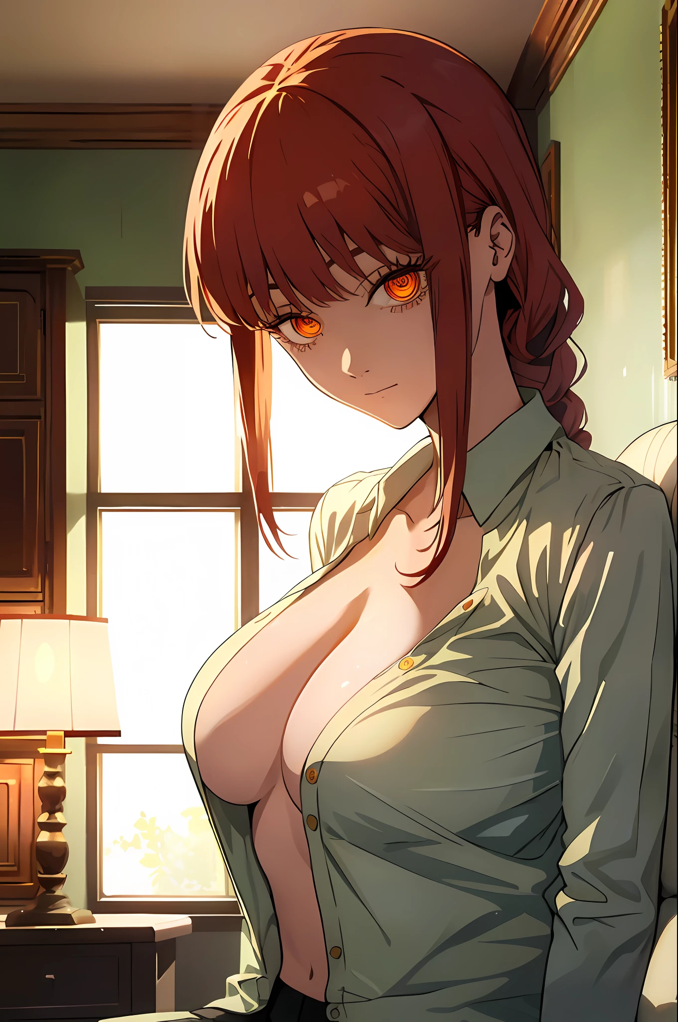 masterpiece, best quality, finely detailed, 1girl, (red hair), (bishoujo), cute, (orange eyes), (eyelashes), (huge breasts), (neckline), (white shirt: 1.2), (open shirt), sitting on a sofa, lamp, window, night, delicate interior design, makima, red hair girl