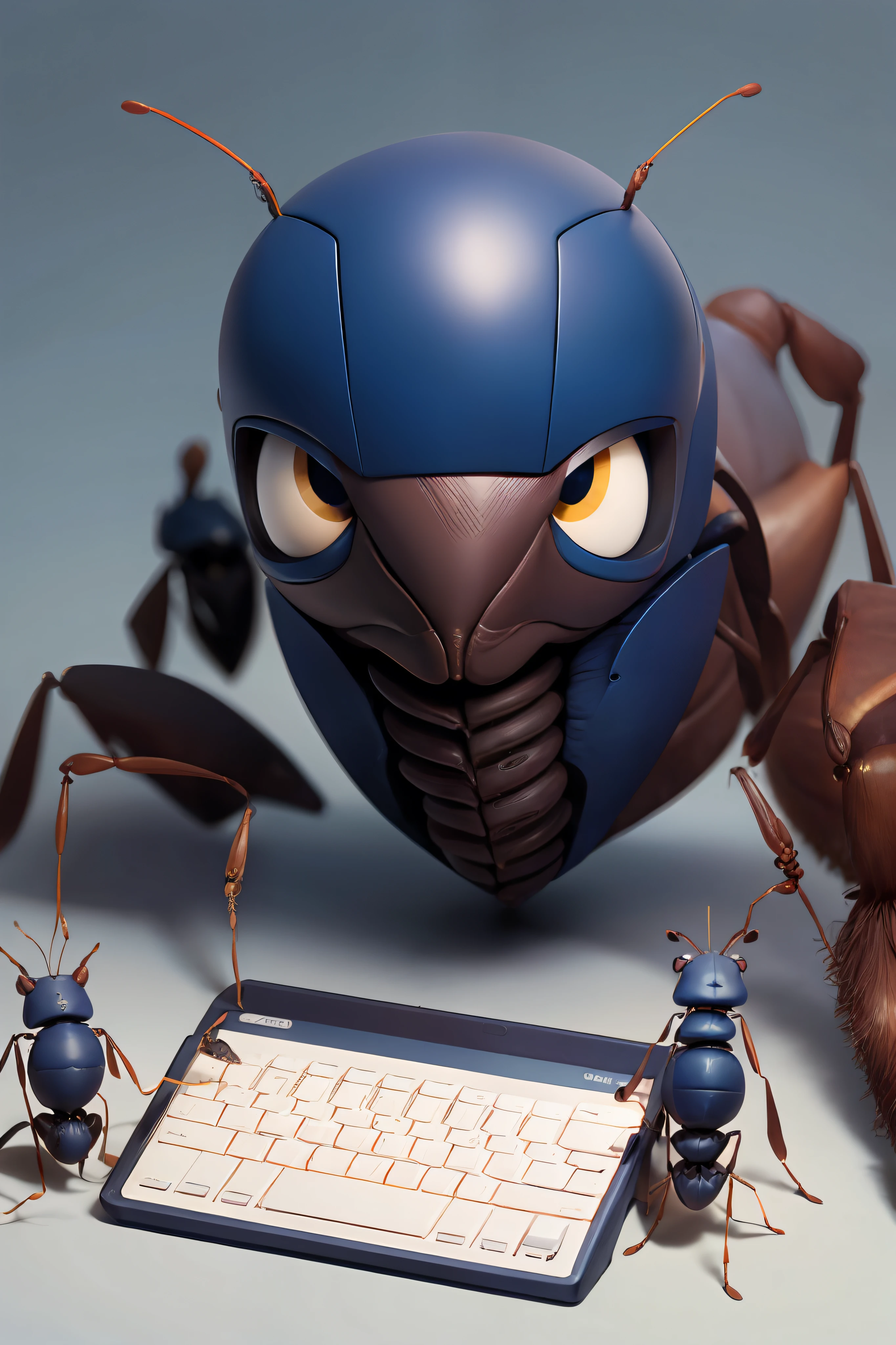 A giant ant with blue navy is typing on a computer, surrounded by other ant friends observing.