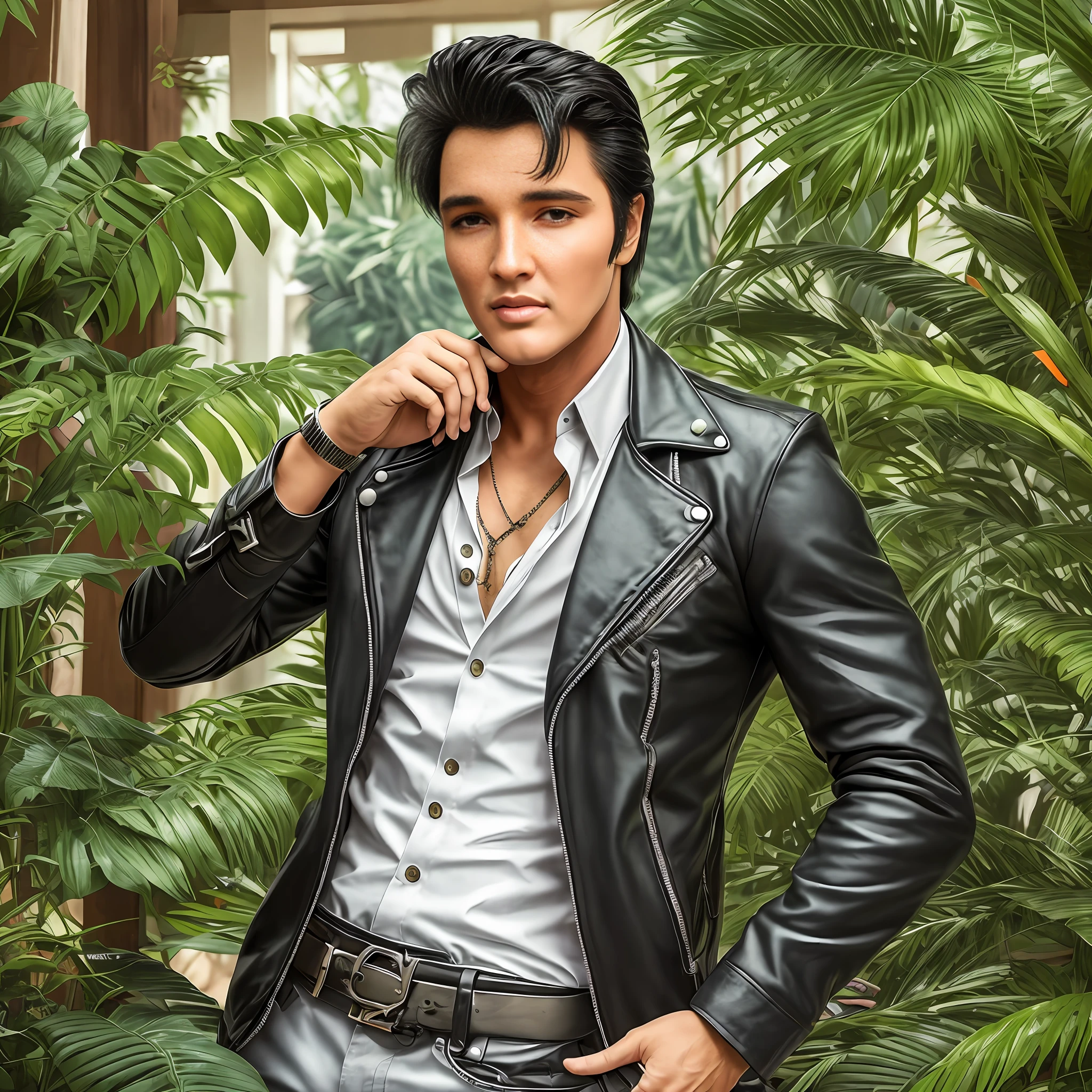 Elvis a sexy boy, motorcycle dress, orchid lover, has a plant in his hand, dark complexion, light eyes, dancing rock