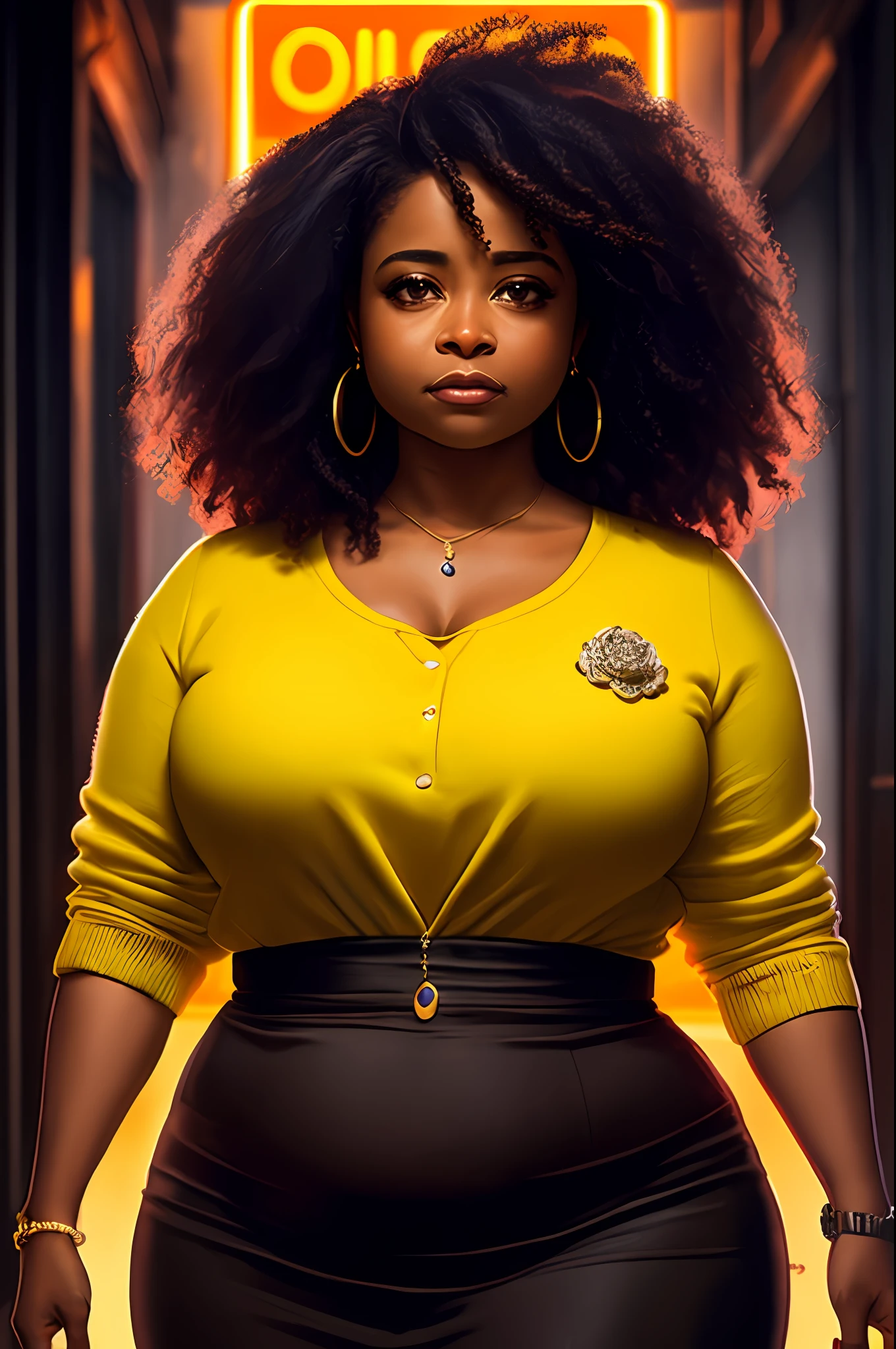 American actress Octavia Spencer, 56 years old, standing looking forward, (poster:1.6), poster on the wall, movie poster, (portrait:1.3), ((yellow pierced blazers)), curly black afro hair, ((film set lit by neon lamps)), ((modern film set interior style)), , cameras, lights, chroma Key panels in the background, (elegant and beautiful face), (makeup:1.2) ((ultradetaled skin texture)), Intricately detailed, fine detail, hyperdetailed, raytracing, subsurface scattering, diffuse soft lighting, shallow depth of field, overweight woman, intricate, high detail, sharp focus, dramatic, photorealistic painting art by Greg Rutkowski
INFO