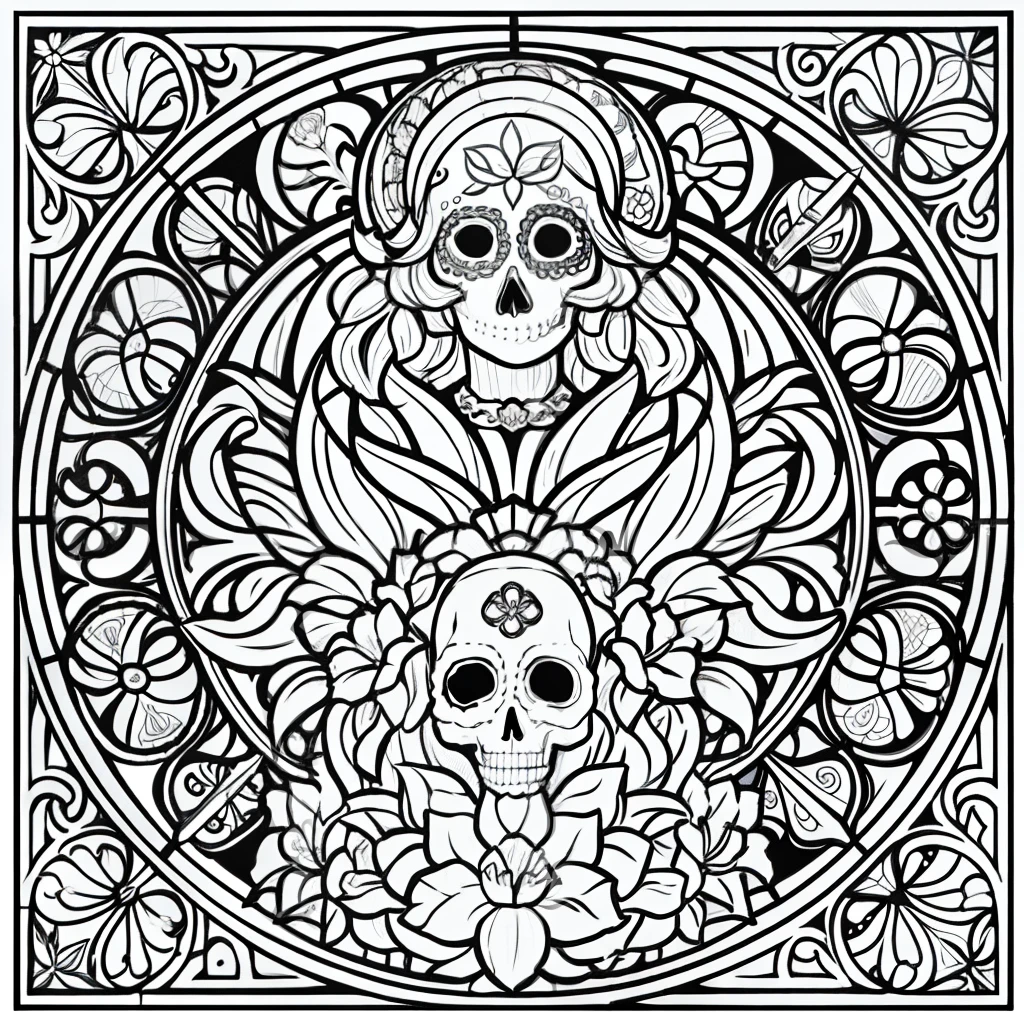 Masterpiece, best quality, (detailed background), high contrast, decorated sugar skull, flower background, medium and clean line drawings, stained glass type, art nouveau, vector
