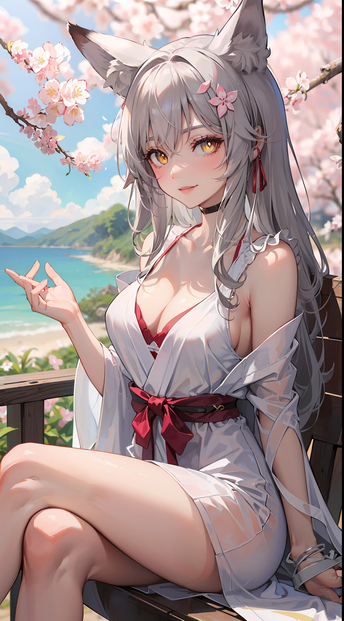 Under the cherry blossom tree was a fox-eared milf, her hair is gray and tied up beautifully, yellow eyes with sharp pupils, she was wearing white robe, sitting with a beautiful smile, she is fox girl with 9-tails, 8k, beautiful scenery, anime-artsyle ((no other ears but fox ears)) ((milf)) ((hot milf)) ((35 years old))