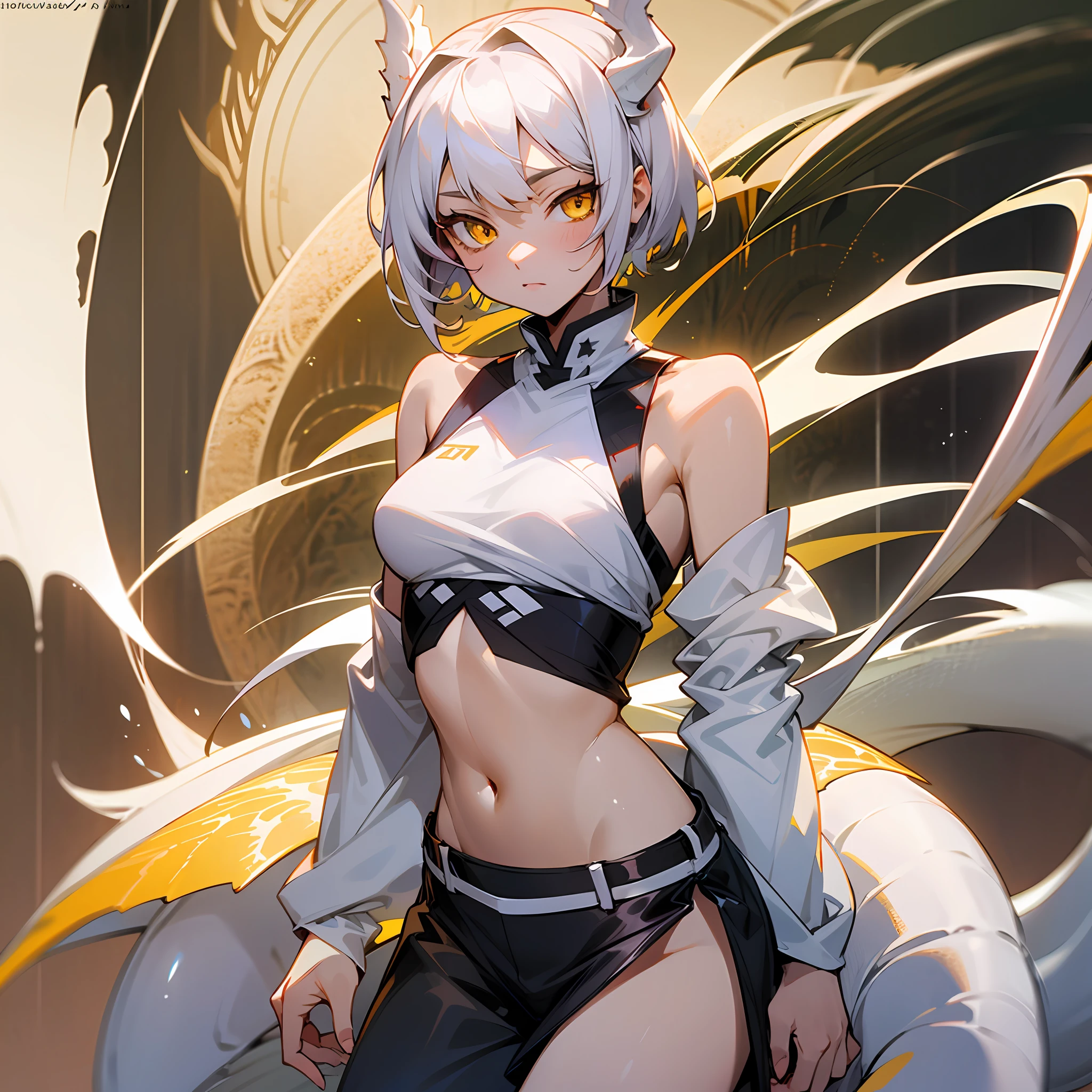 (anime mode) , amber yellow eyes, white short hair, white dragon wings, white dragon tail, teenage girl