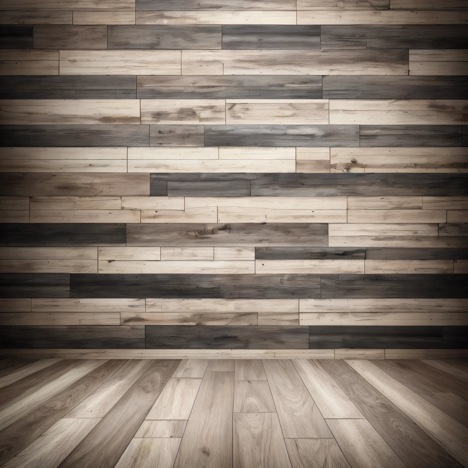 Gradient background wall, plank floor, black and white tones, add a little detail