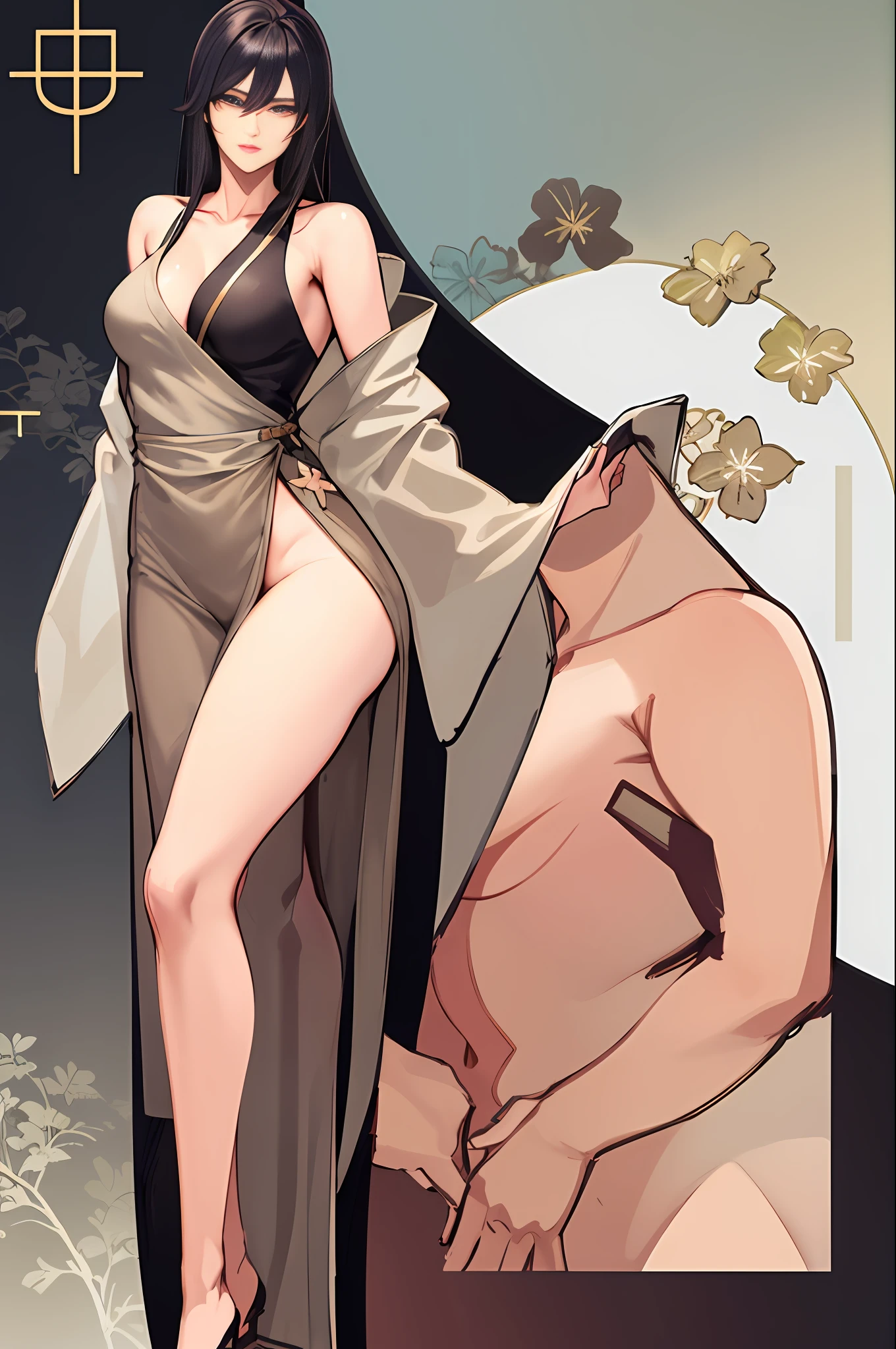 A perfect woman, perfect anime woman, gentle and lovely mature and beautiful woman, underworld female boss, full body photo, special angle shooting, exquisite sexy collarbone, charming goose egg face, double eyelids, smart peach blossom eyes, pink lips, small upturned nose, bare shoulders, focused, exquisite face, ultra HD, super details, elegant standing, traditional hairstyle, appliqué cotton plain cloth hanfu, made of medium weight cotton plain cloth, small appliqué on the chest, loose and lazy silhouette, slender and tall, big breasts, long legs, Inspired by the Battle of Rhode Island