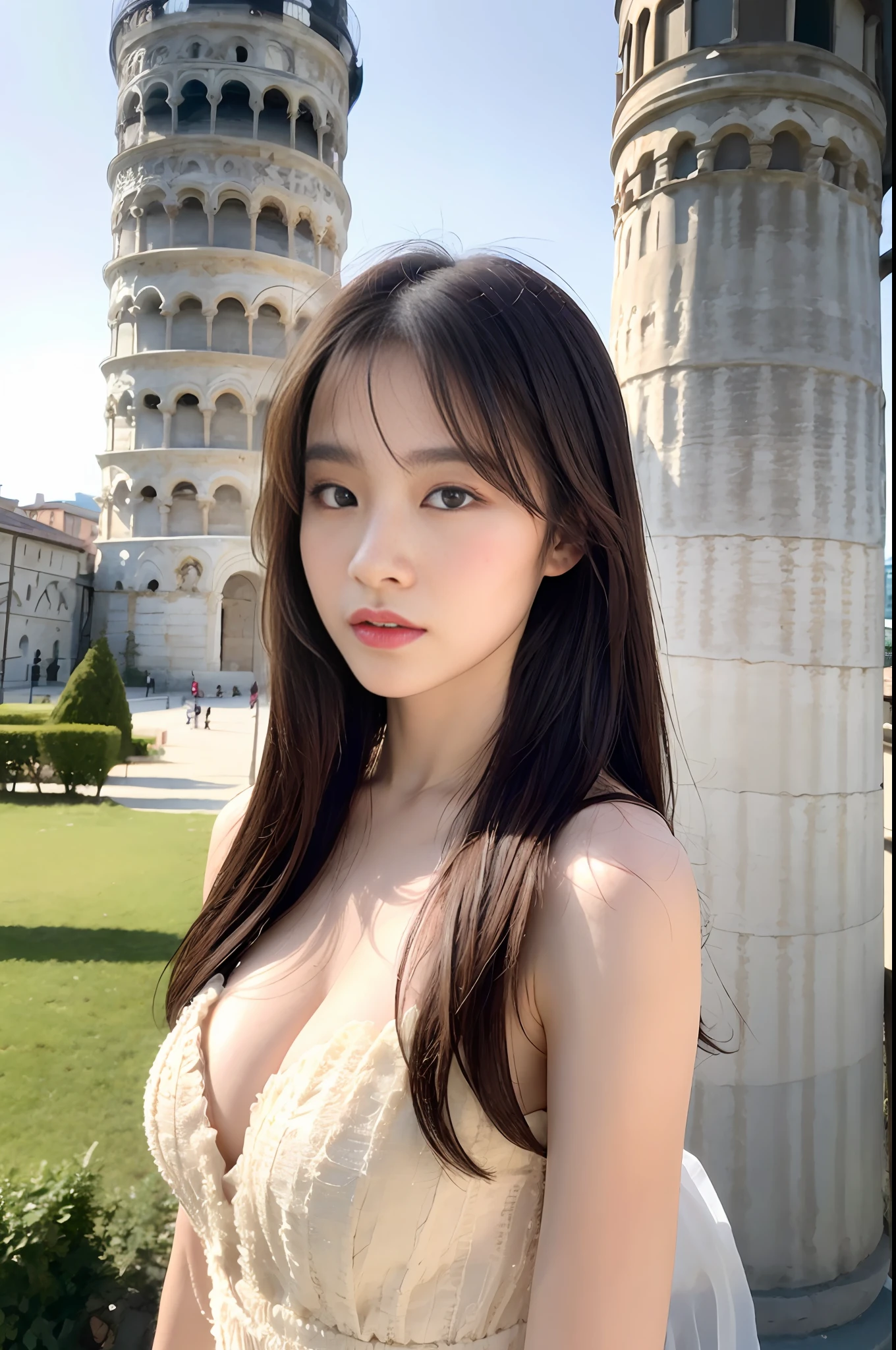 ((best quality, 8k, masterpiece: 1.3)), sharp: 1.2, perfect body beauty: 1.4, slender abs: 1.2, ((layered hairstyle, big breasts: 1.2)), (bandeau dress white: 1.1 ), city streets: 1.2, highly detailed facial and skin textures, detailed eyes, ,(Leaning Tower Of Pisa background),double eyelids, long brown hair, thin dress, hands behind, squatting, slightly revealing panties, revealing cleavage.