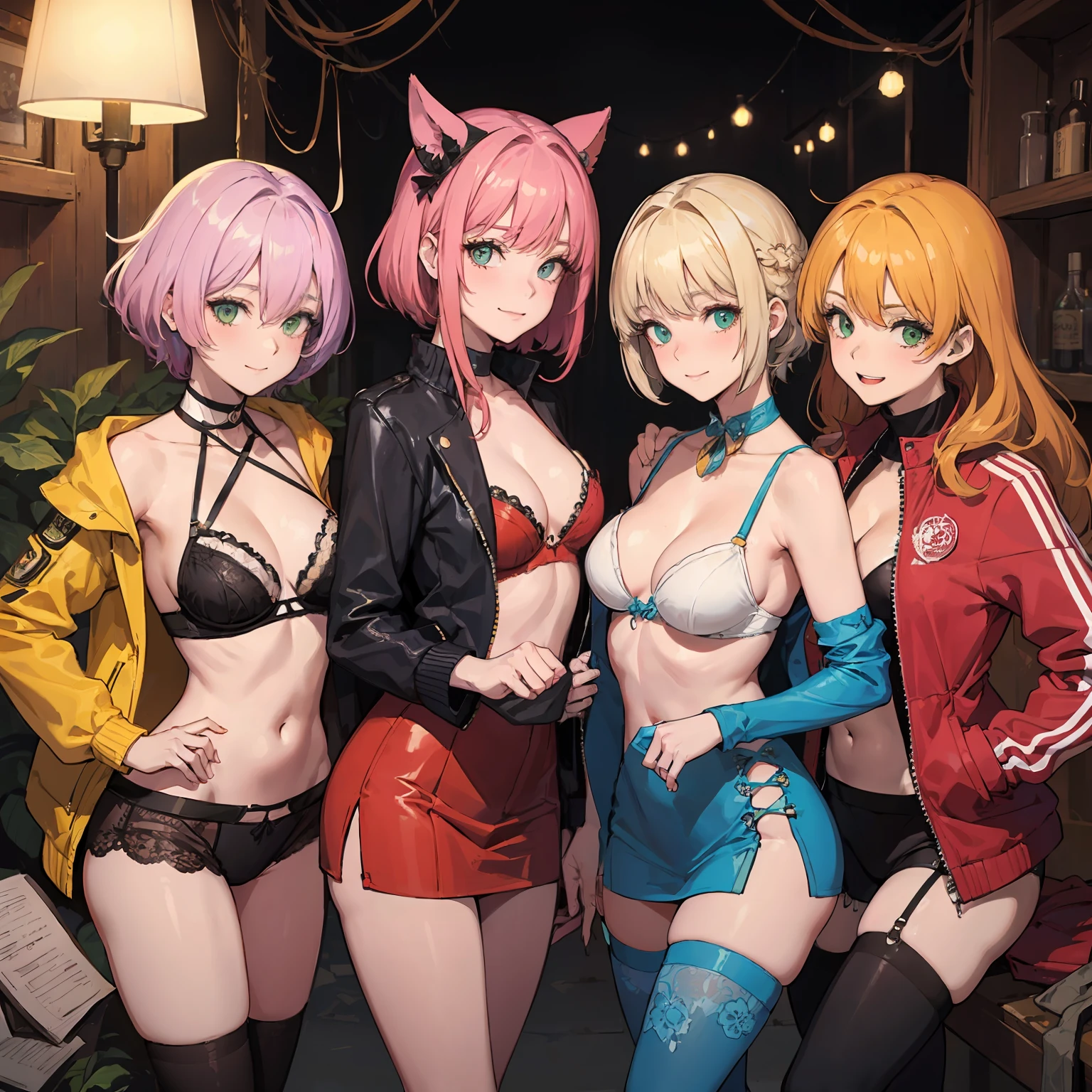 "Solar punk harem (multiple women) with a sexy vibe, featuring lively shades of orange, pink, and green. The women have short fluffy curly hair, adding a touch of wildness and uniqueness. They smirk alluringly at the camera, and have unique intricate outfits, which include jackets and pants and bras. They are set against the backdrop of an overgrown post-apocalyptic desert town."