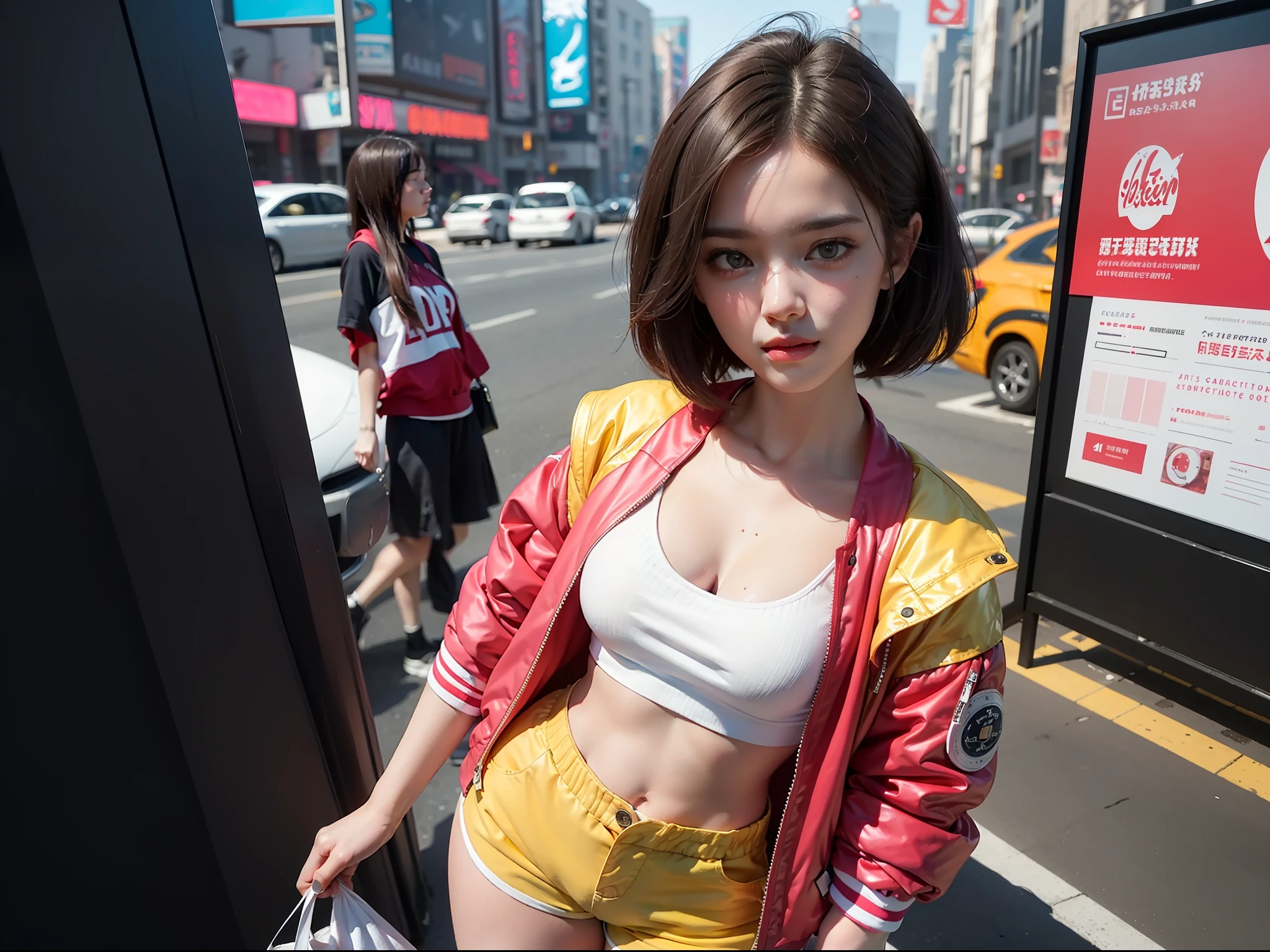 ((Best quality)), ((masterpiece)), (detailed: 1.4), 3D, cyberpunk woman,1girl, a beautiful woman with pink medium calluses, looking at camera, standing in zebra cross, messy short hair, cinematic lighting, wearing white bomber jacket, red shirt, yellow shorts