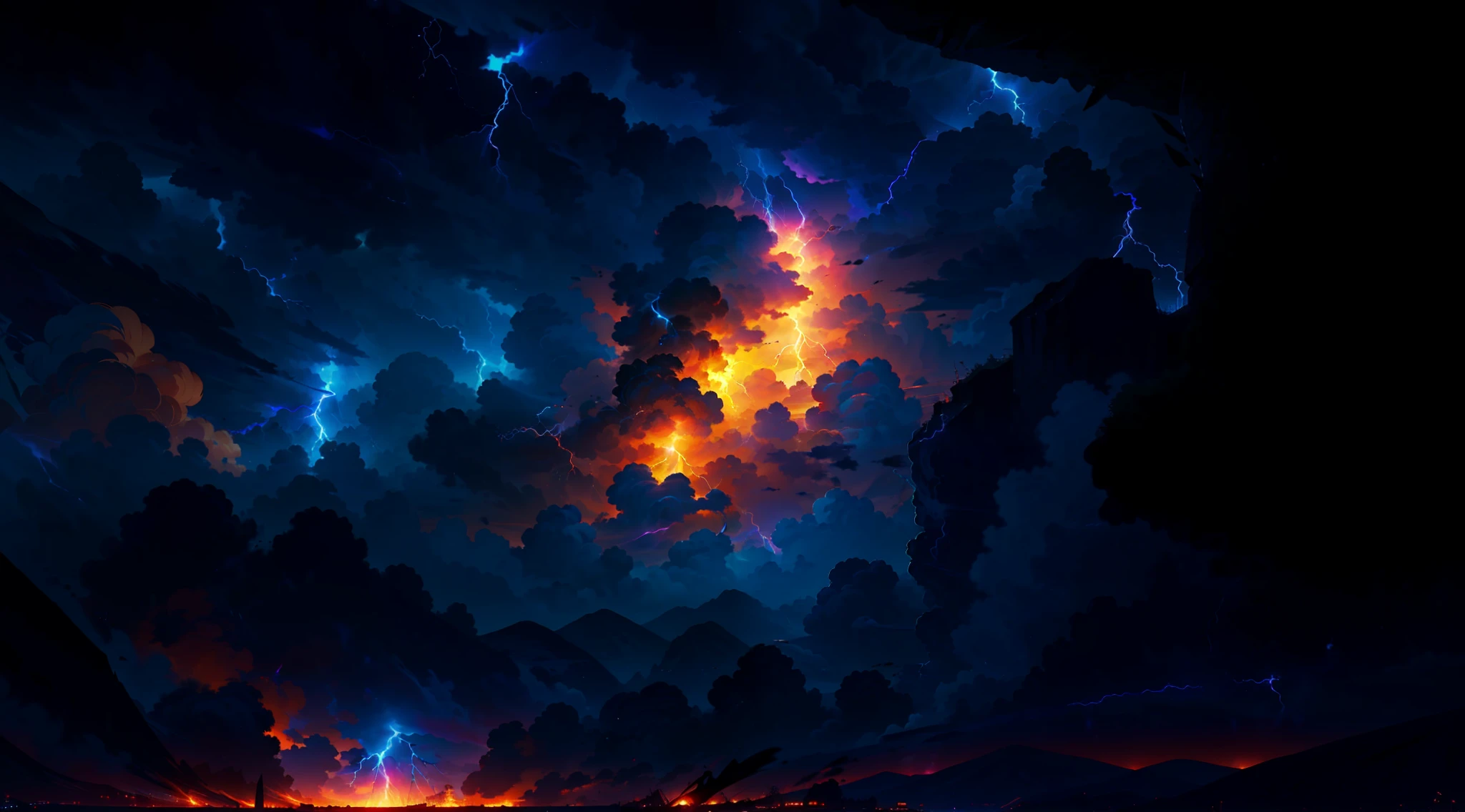 orange and blue background full of lightning, 8K anime, an epic anime, thunder, epic anime style, menacing aura, aura of brilliant power, many lightning bolts just the scenery, no character highlighted for orange color and lightning