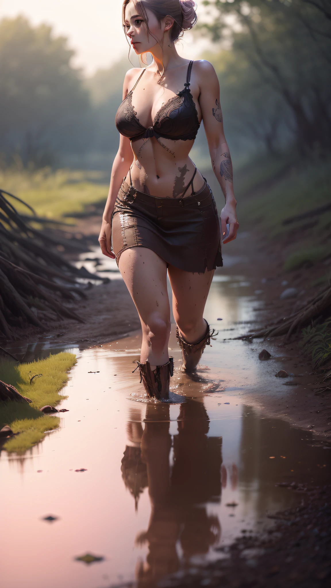 A female character with delicate features, beautiful face, intense and deep yellow eyes. She has the appearance of a human face, but also has the features of a pig lycanthrope. Her skin is pink and her body is perfect, with a large bust. She's walking next to a mud puddle. The composition of the image should be perfect, with beautiful and intricate details. The rendering should be in photorealistic style, resembling a photograph.
Image Type: Photography
Camera: Sharp focus
Artistic Inspirations: Raphael, Caravaggio, Greg Rutkowski
Resolution: 8K
Lighting: Studio light, soft, volumetric and natural lighting
Details: Intricate detailing, high definition --auto