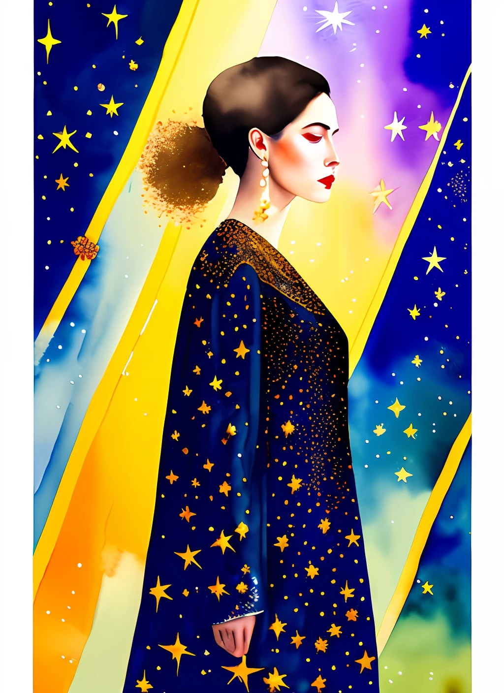 A surreal fantasy watercolor of a mysterious woman wearing a flowing gown made of stars and galaxies that fades into the background. Sharp focus, highly detailed, dynamic lighting, 8k, vivid colors.