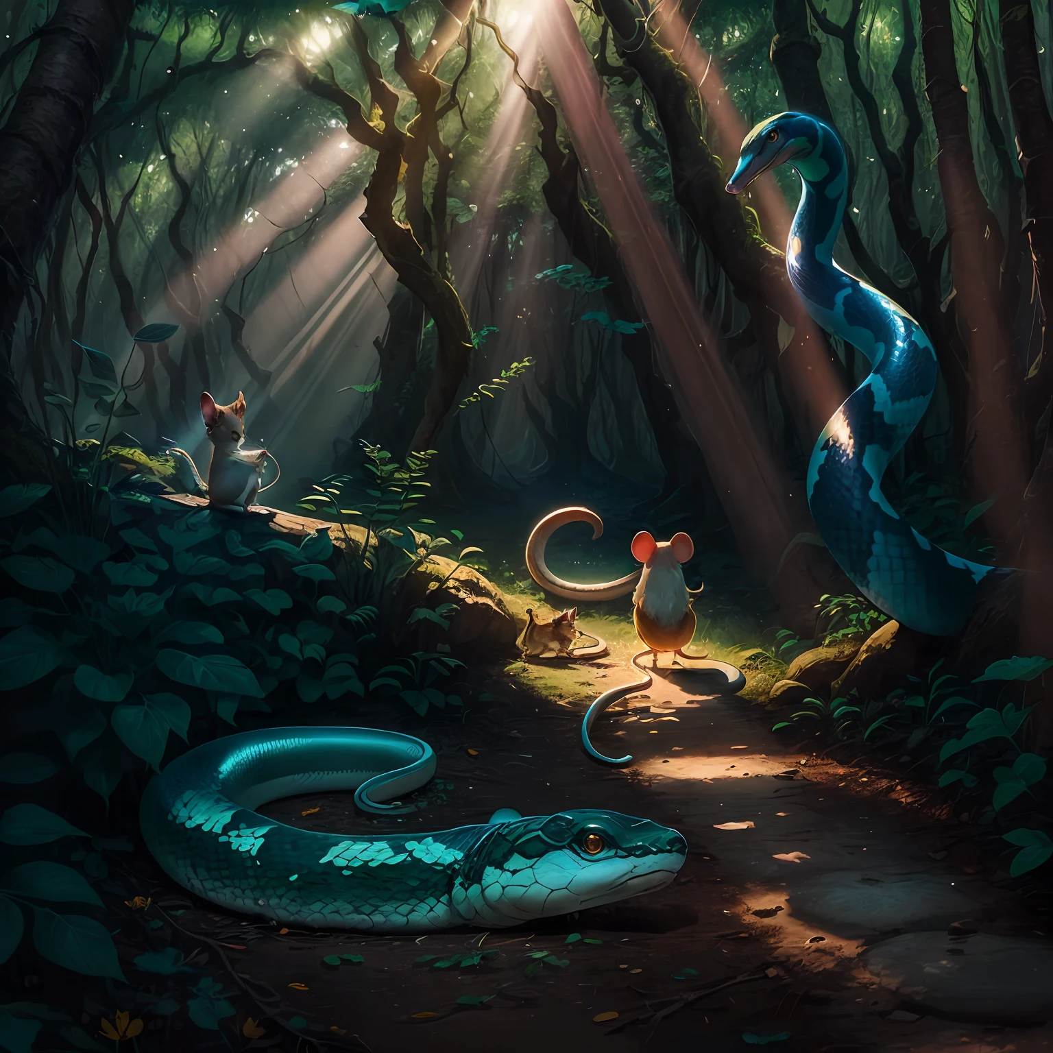 In an enchanted forest, where the sun's rays created a spectacle of color among the trees, the snake Cleo glided gracefully while the little mouse Roderick explored the hidden secrets. Fate had reserved a magical encounter that would transform their lives forever. --auto