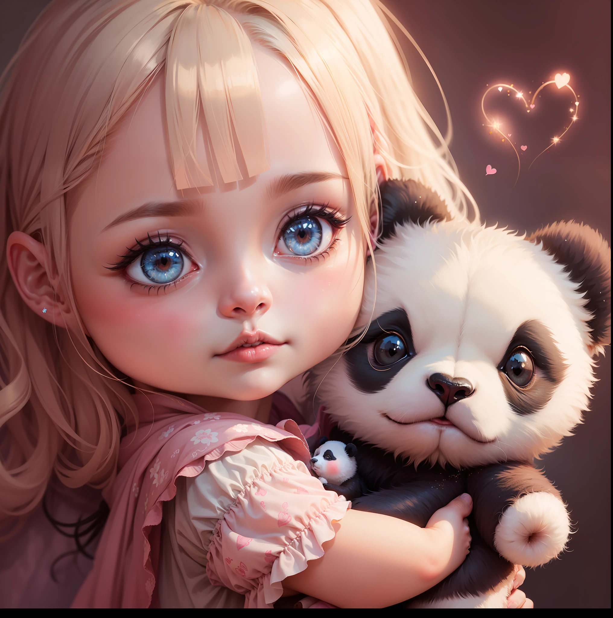 Cute girl with a cute panda, semi realistic, very cute, hearts in the background, sparkle in her eyes, wavy hair, cute bee on panda nose