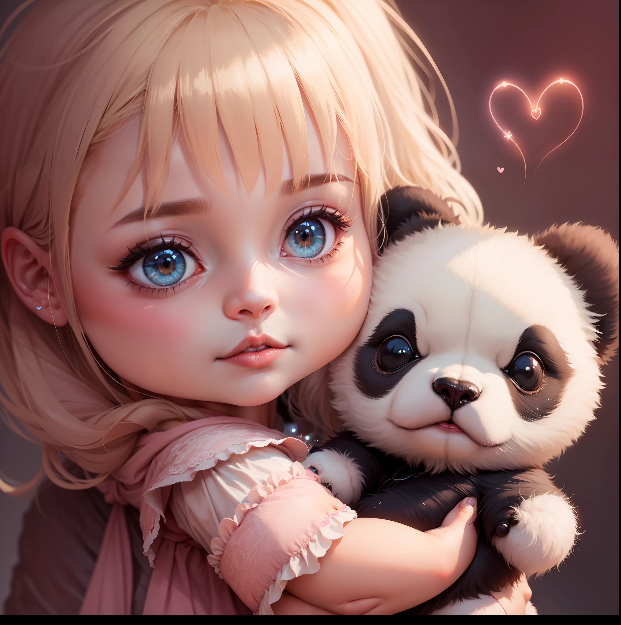 Cute girl with a cute panda, semi realistic, very cute, hearts in the background, sparkle in her eyes, wavy hair, cute bee on panda nose