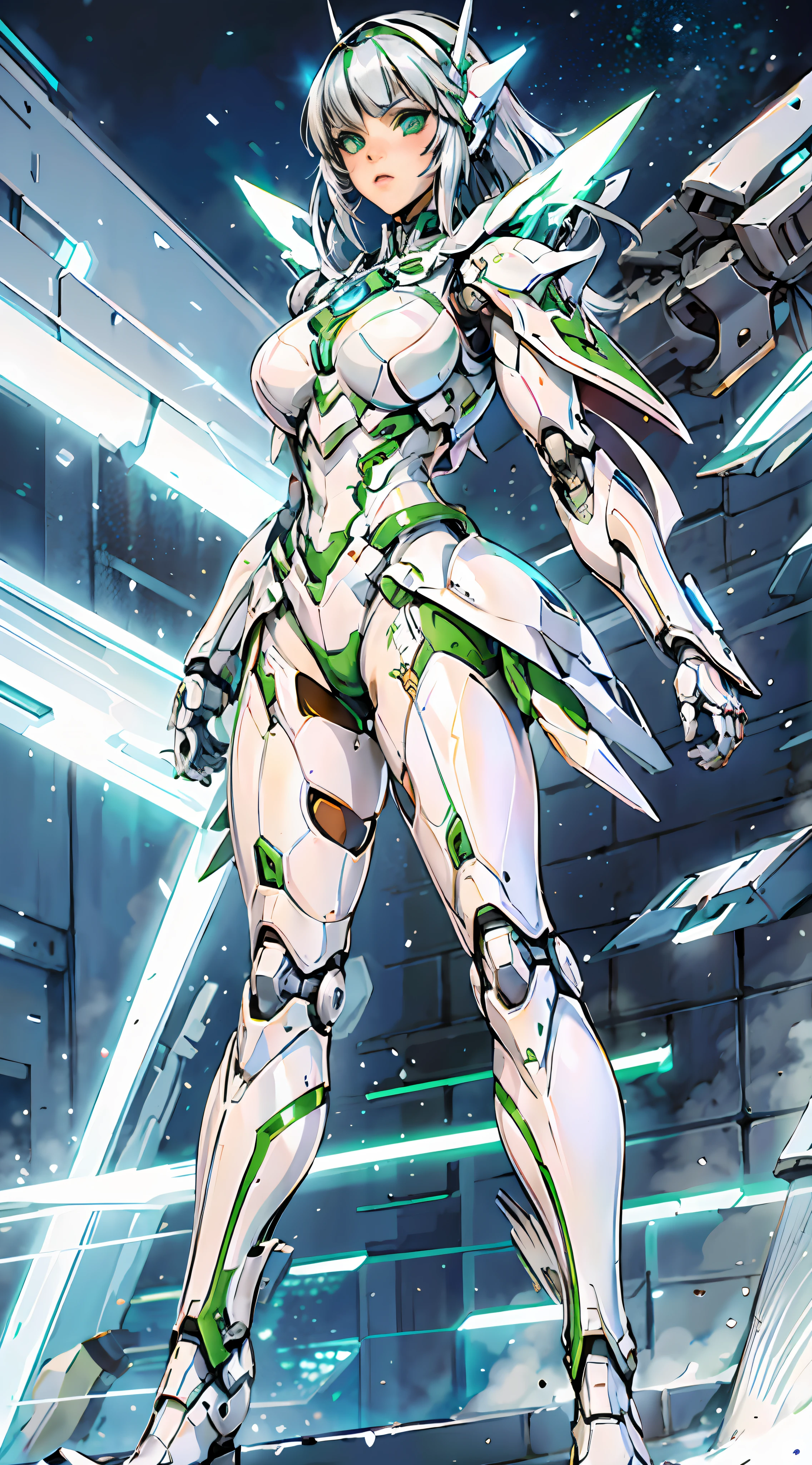 anime - style woman in white and green costume standing in a snowy city, cyborg - girl with silver hair, perfect anime cyborg woman, girl in mecha cyber armor, beutiful white girl cyborg, beutiful girl cyborg, digital cyberpunk anime art, anime cyborg, digital cyberpunk - anime art, cute cyborg girl, advanced digital anime art, in white futuristic armor