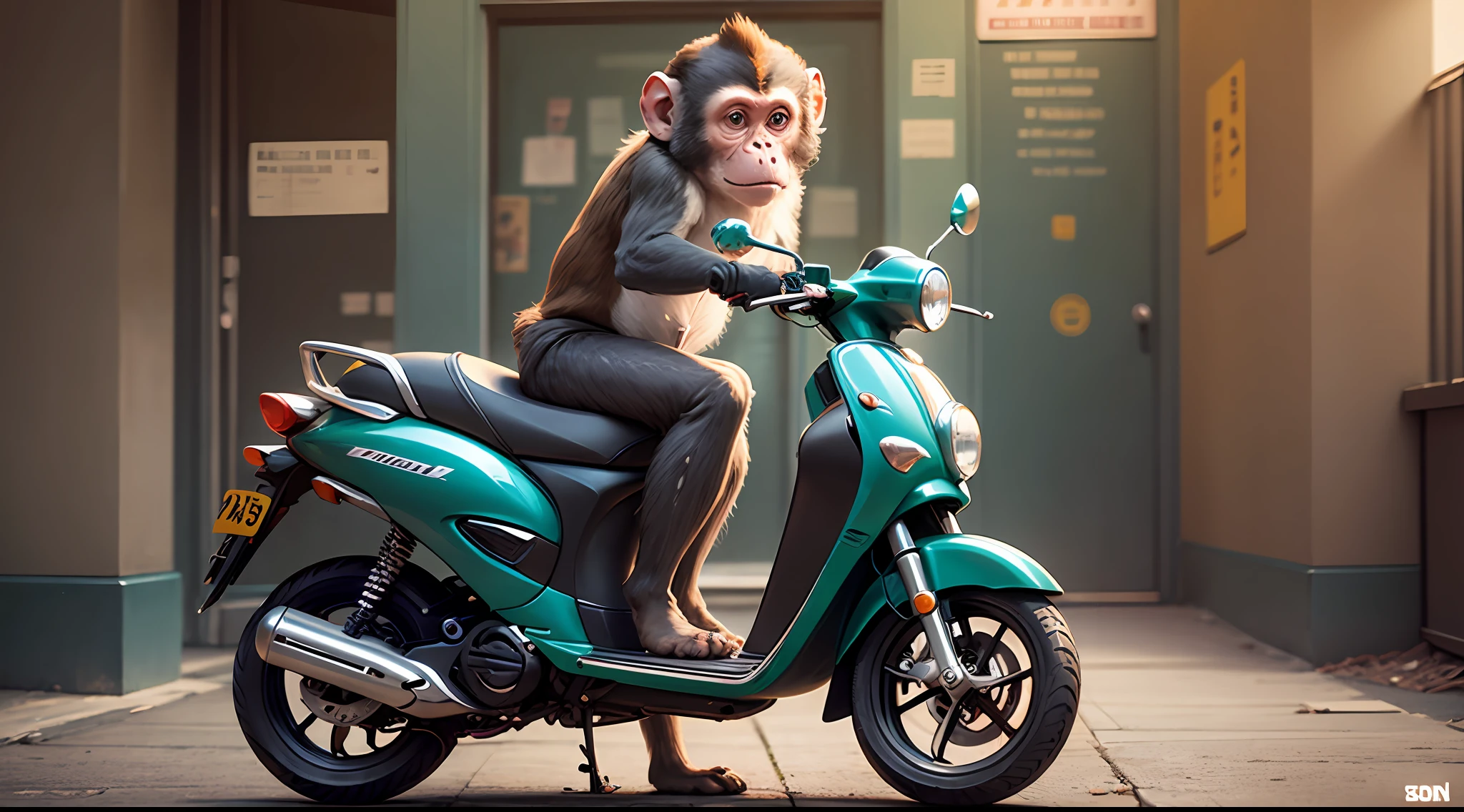 monkey on top of the scooter, showing the middle finger, photorealistic, cinematographic, cinema atmosphere --auto --s2