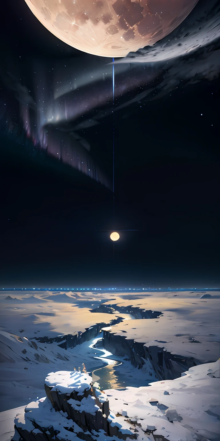 mountains of ice, sky with space meteors