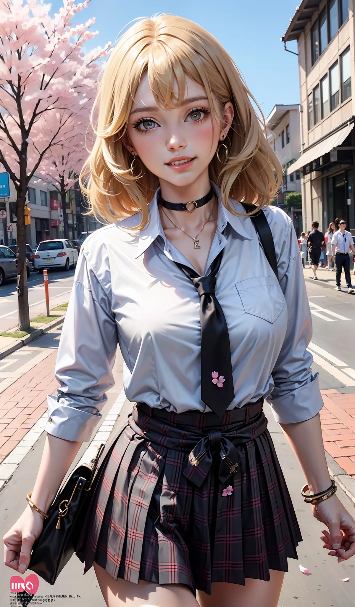 masterpiece, best quality, full body, 1girl, bangs, black choker, black necktie, blonde hair, blue skirt, blush, bracelet, , choker, clothes around waist, collarbone, collared shirt, cowboy shot, dress shirt, ear piercing, eyebrows visible through hair, gradient hair, grin, gyaru, jewelry, kogal, long hair, looking at viewer, loose necktie, necktie, piercing, plaid, plaid skirt, pleated skirt, red eyes, ring, school uniform, shirt, skirt, smile, solo, white shirt, street, sky, cherry blossoms, petals,illustration, (magazine:1.3), (cover-style:1.3), fashionable, woman, vibrant, outfit, posing, front, colorful, dynamic, background, elements, confident, expression, holding, statement, accessory, majestic, coiled, around, touch, scene, text, cover, bold, attention-grabbing, title, lish, font, catchy, headline, larger, striking, modern, trendy, focus, fashion,