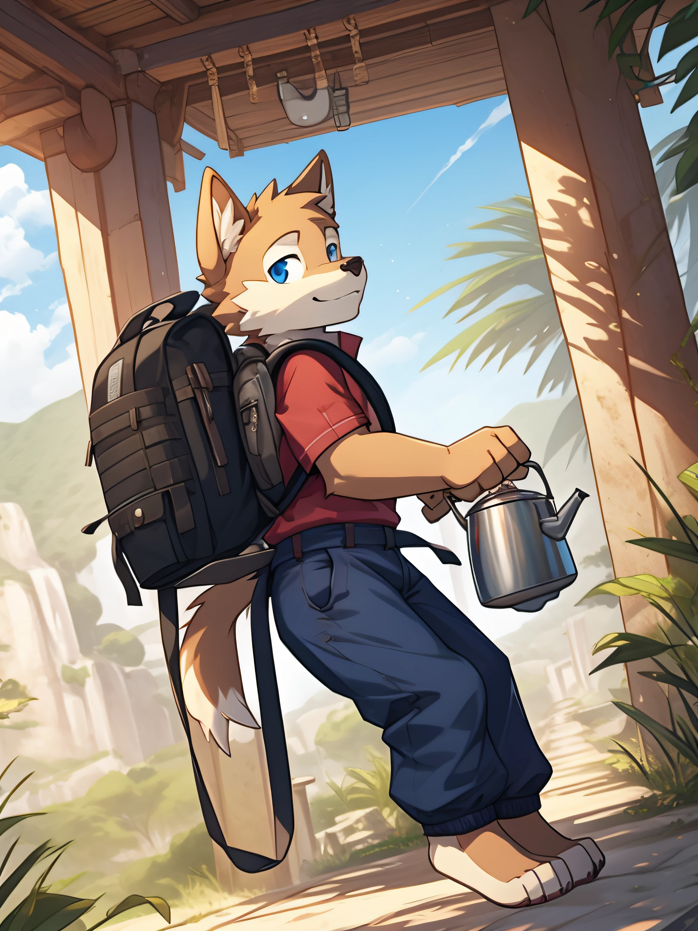 Furry boy 7 years old with a kettle hanging from his body and a backpack on his back
