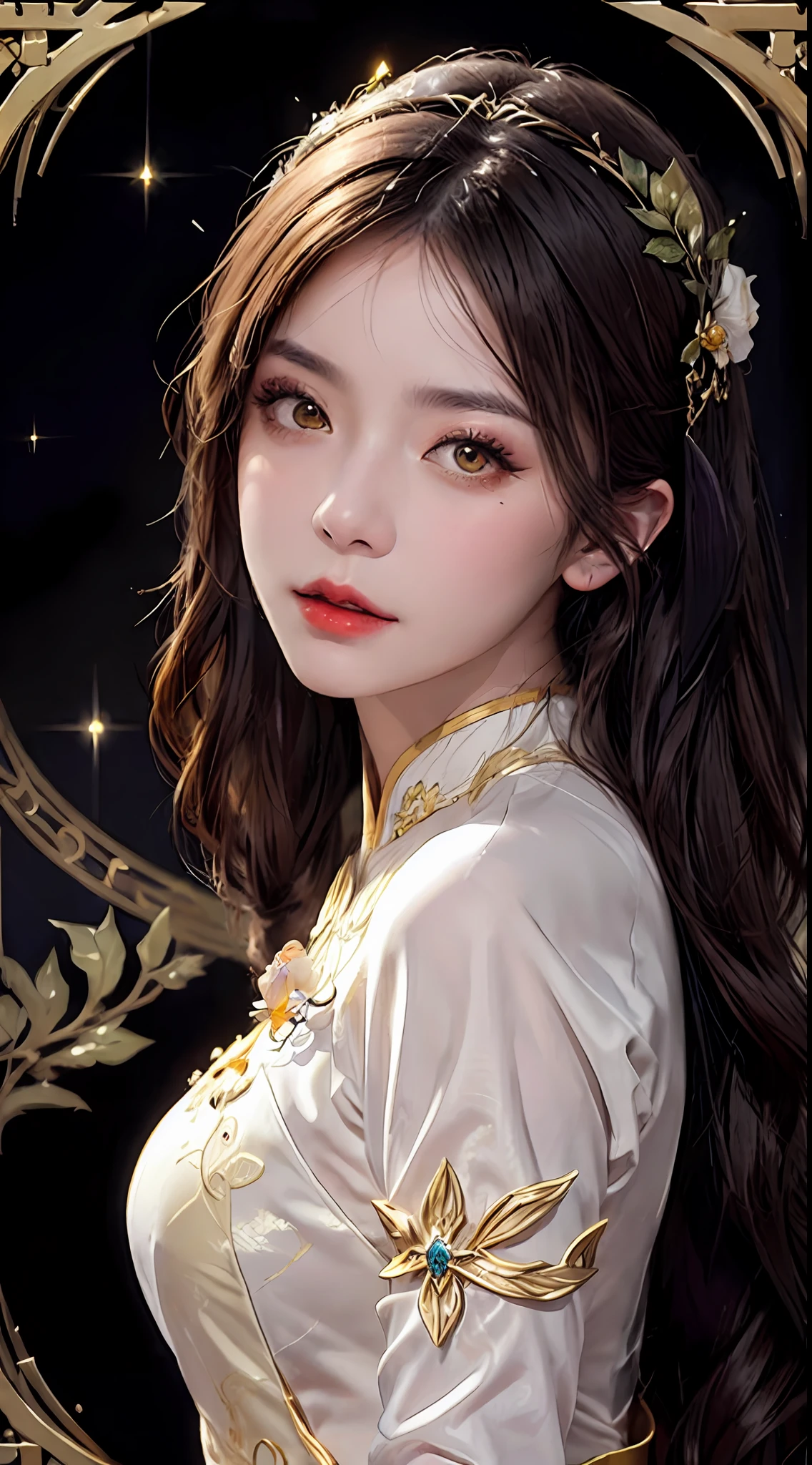 1 27-year-old girl, 1 zodiac goddess from the future, goddess of the pink and purple 12 zodiacs, the goddess of the zodiac in a yellow ao dai, a 12 zodiac ao dai with many black lace detail, mythology Goddess of the 12 zodiacs from the future, zodiac ♏, luxurious glittering zodiac style, dark and mysterious version, zodiac crown, lipstick lips red, thin and beautiful lips, mouth closed, characters made by karol bak and pino daeni, intricate detail, detailed background, extremely detailed, light magic, a woman, clear face, hair long with bangs, beautiful face in detail and well-proportioned eyes, (transparent yellow eyes: 1.8), big round eyes and very beautiful and detailed makeup, foresight, silk dress, mysterious makeup , double bangs and dyed light blonde , upper half portrait, zodiac goddess portrait, arms hanging loosely, Realistic and vivid photo, (stars make up the zodiac: 1.7), (sky background zodiac and fictitious space and time portal: 1.8), fiction art, RAW photo, hanfu picture, best photo, best photo quality, 8k quality, 8k ultra, super realistic, real photo most economical, the goddess poses sexy and seductive,
