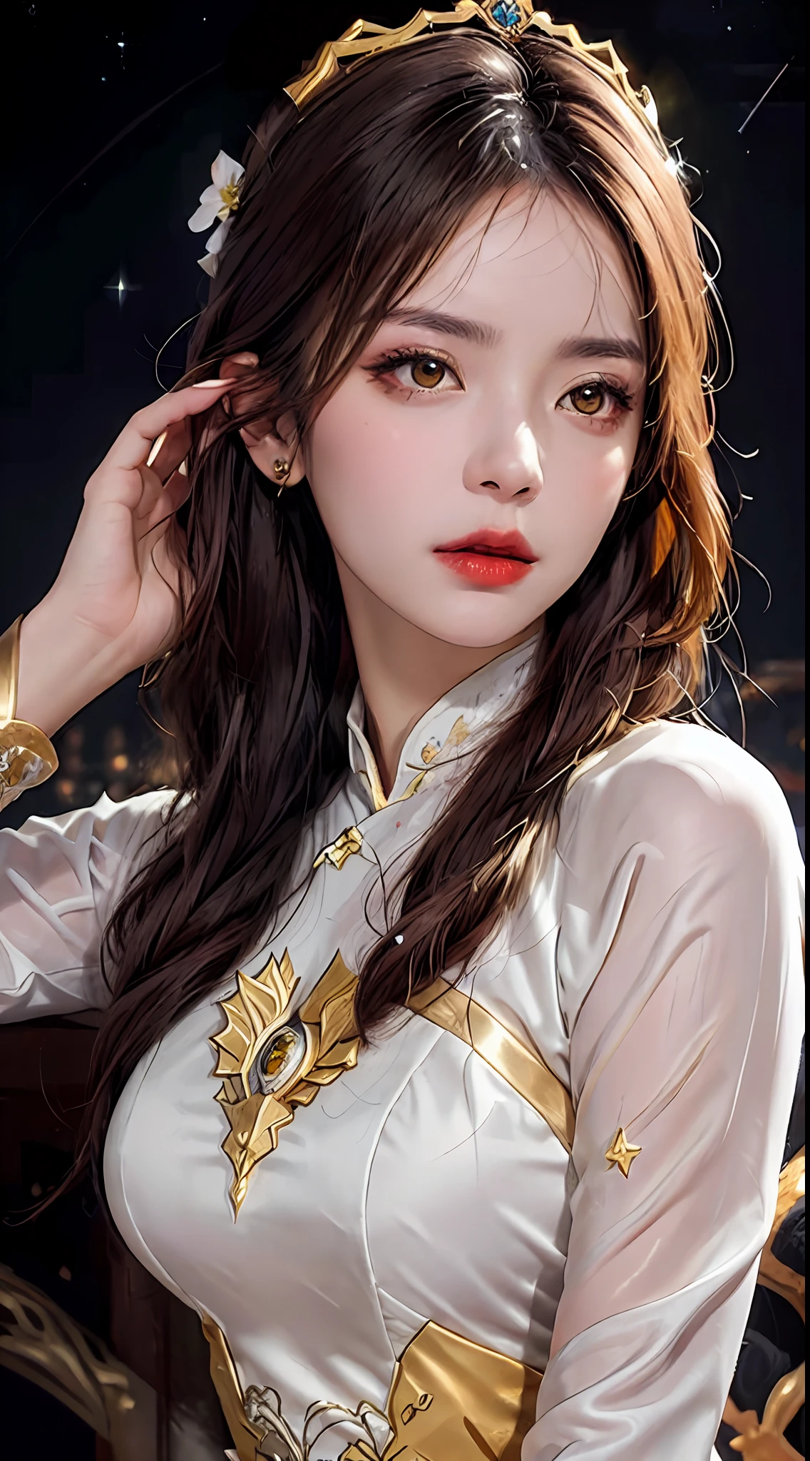 1 27-year-old girl, 1 zodiac goddess from the future, goddess of the pink and purple 12 zodiacs, the goddess of the zodiac in a yellow ao dai, a 12 zodiac ao dai with many black lace detail, mythology Goddess of the 12 zodiacs from the future, zodiac ♏, luxurious glittering zodiac style, dark and mysterious version, zodiac crown, lipstick lips red, thin and beautiful lips, mouth closed, characters made by karol bak and pino daeni, intricate detail, detailed background, extremely detailed, light magic, a woman, clear face, hair long with bangs, beautiful face in detail and well-proportioned eyes, (transparent yellow eyes: 1.8), big round eyes and very beautiful and detailed makeup, foresight, silk dress, mysterious makeup , double bangs and dyed light blonde , upper half portrait, zodiac goddess portrait, arms hanging loosely, Realistic and vivid photo, (stars make up the zodiac: 1.7), (sky background zodiac and fictitious space and time portal: 1.8), fiction art, RAW photo, hanfu picture, best photo, best photo quality, 8k quality, 8k ultra, super realistic, real photo most economical, the goddess poses sexy and seductive,