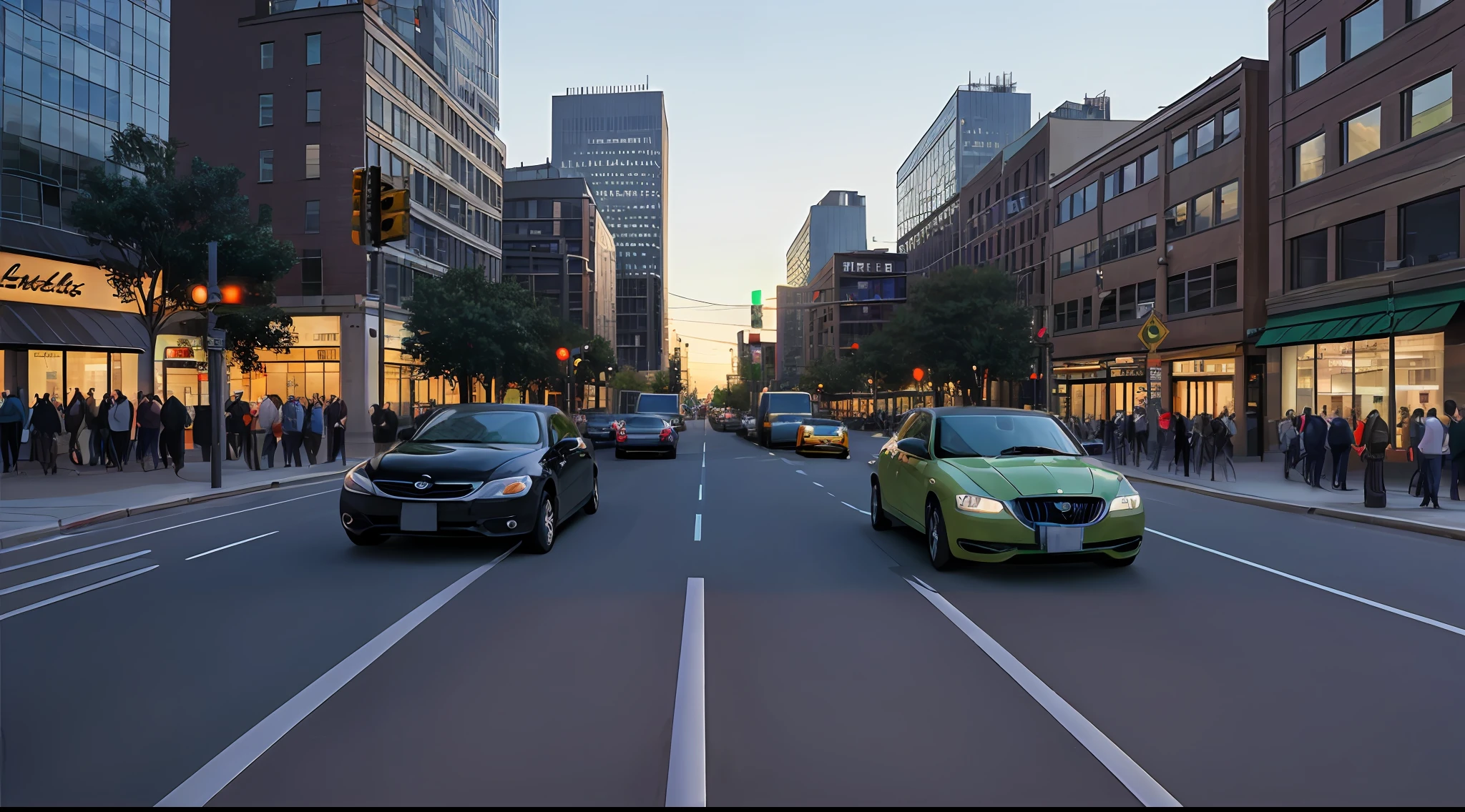 Beautiful realistic photos, downtown, crowds, traffic lights, lots of cars, buildings