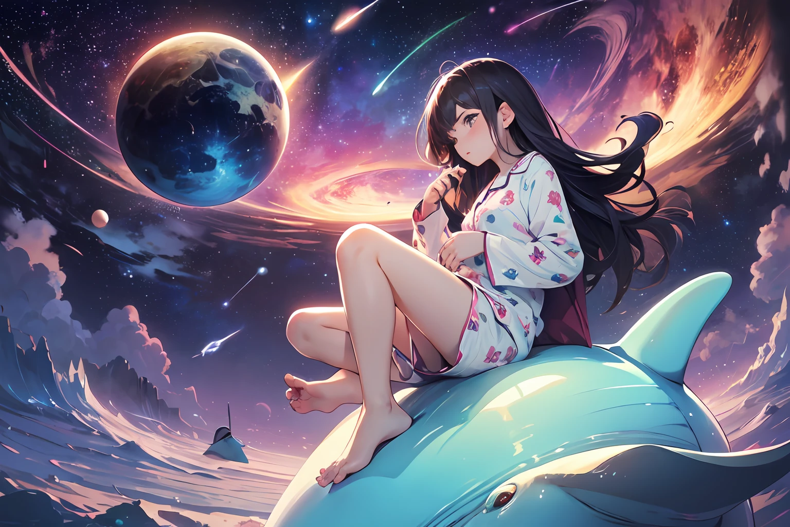 a young woman in her mid-20s, in a black starry back, riding on a whale, bare feet, wearing pajamas, pajama shorts, planets in the sky, shooting stars, a massive space whale, cozy, vaporwave, dreamlike, surreal, soft, lo-fi, chill beats to rela