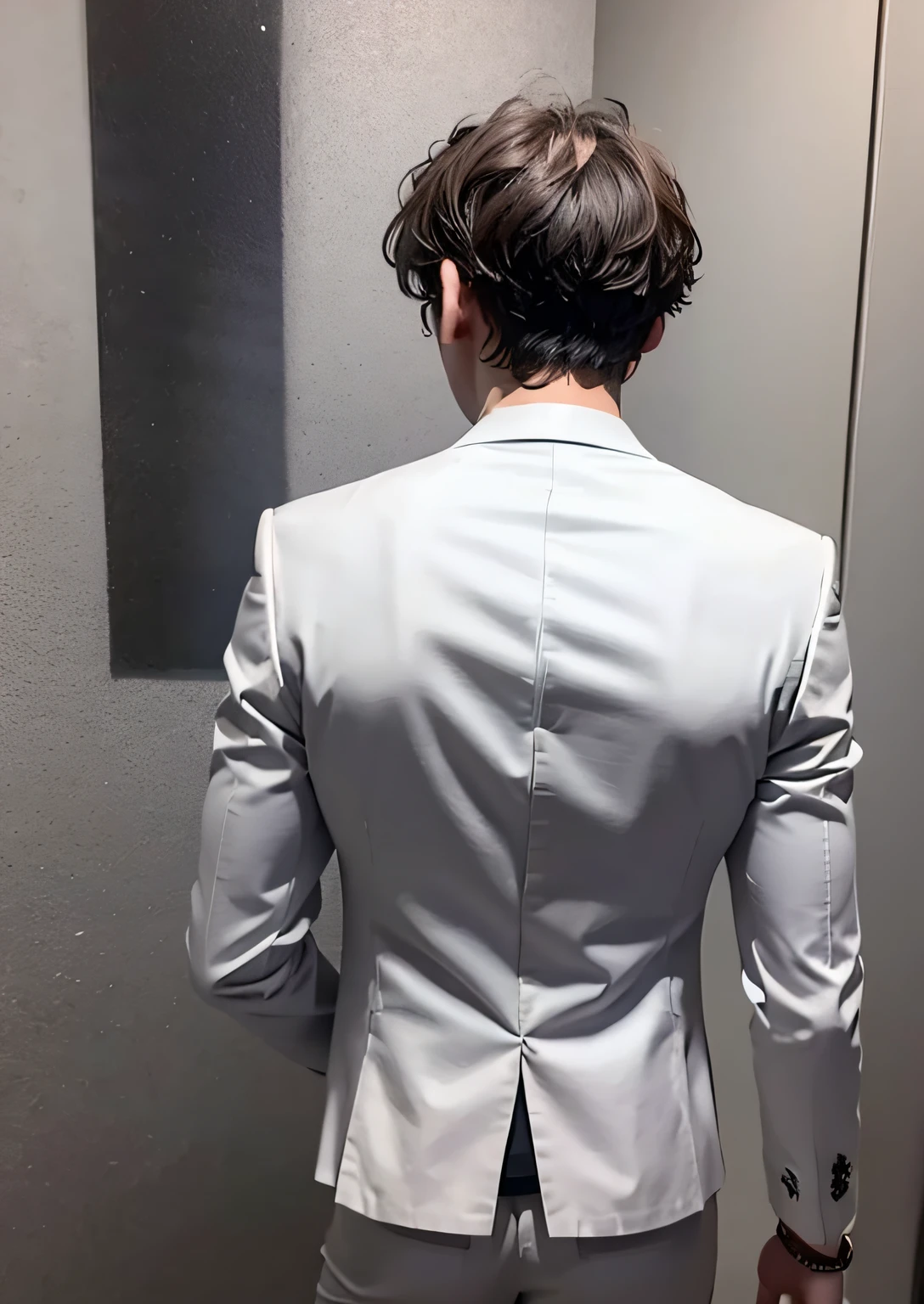 1 boy, head, white suit, 20s. Back.