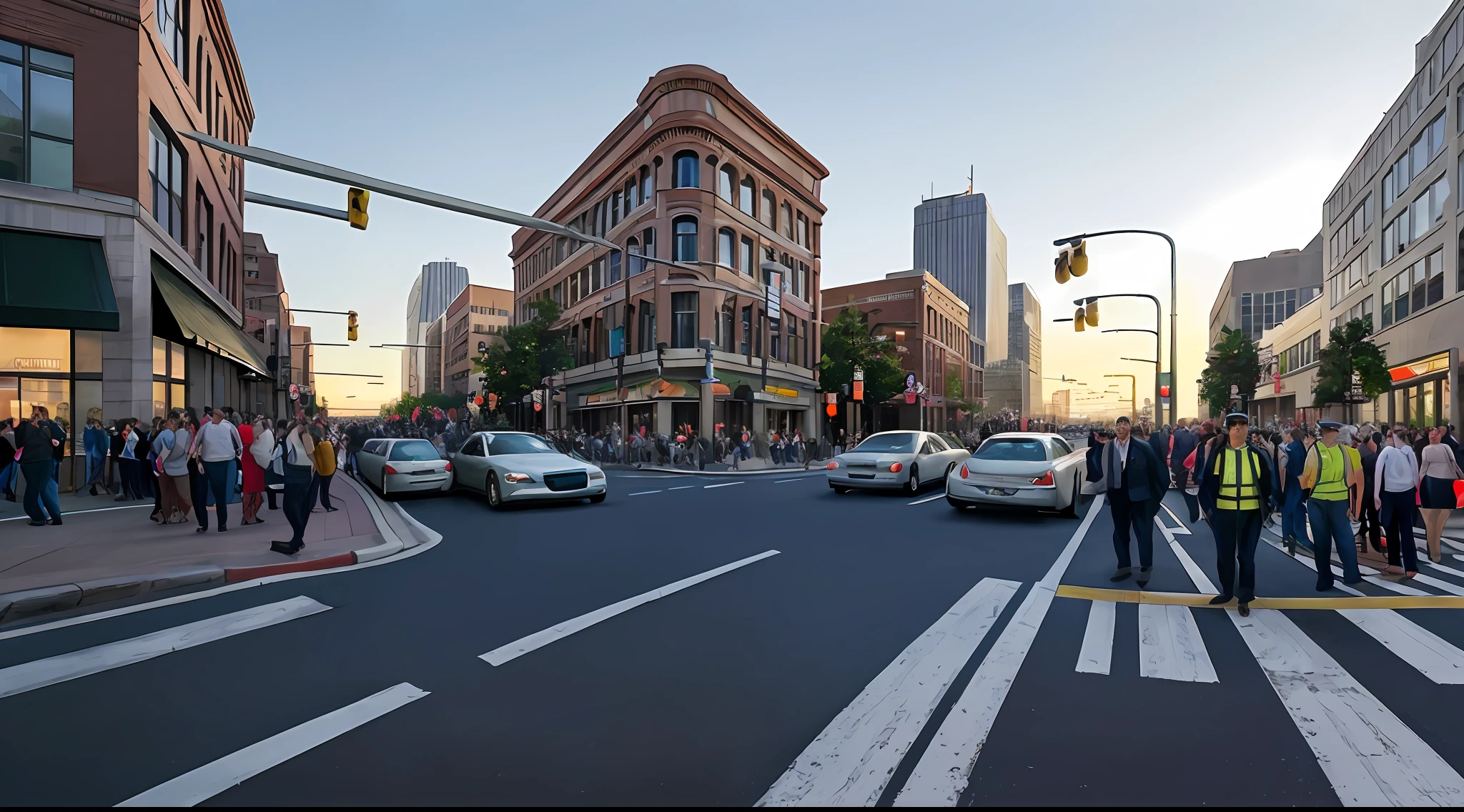 Beautiful realistic photos, downtown, crowds, traffic lights, lots of cars, buildings