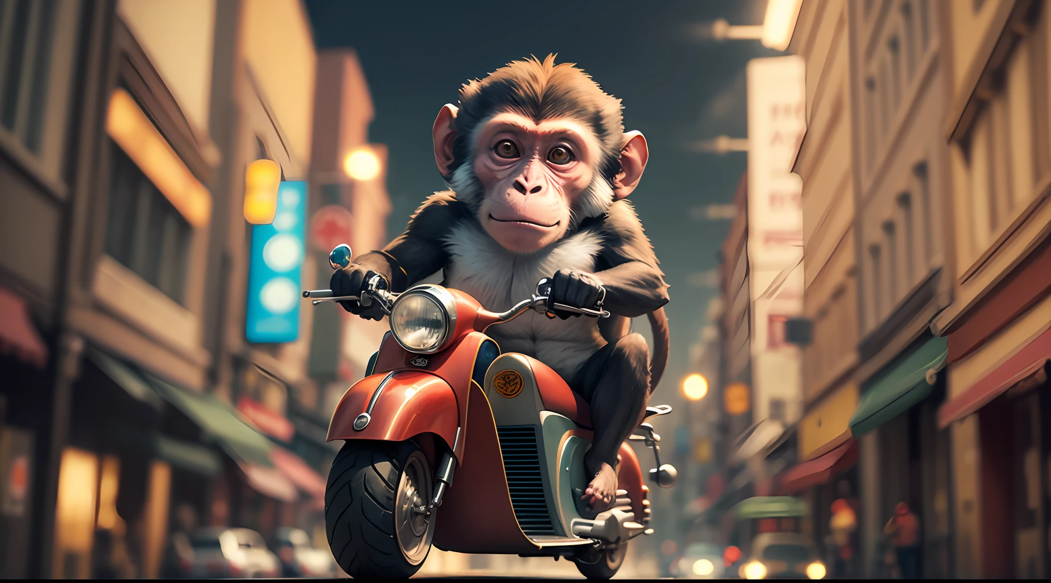 monkey on top of the scooter, showing the middle finger, photorealistic, cinematographic, cinema atmosphere --auto --s2