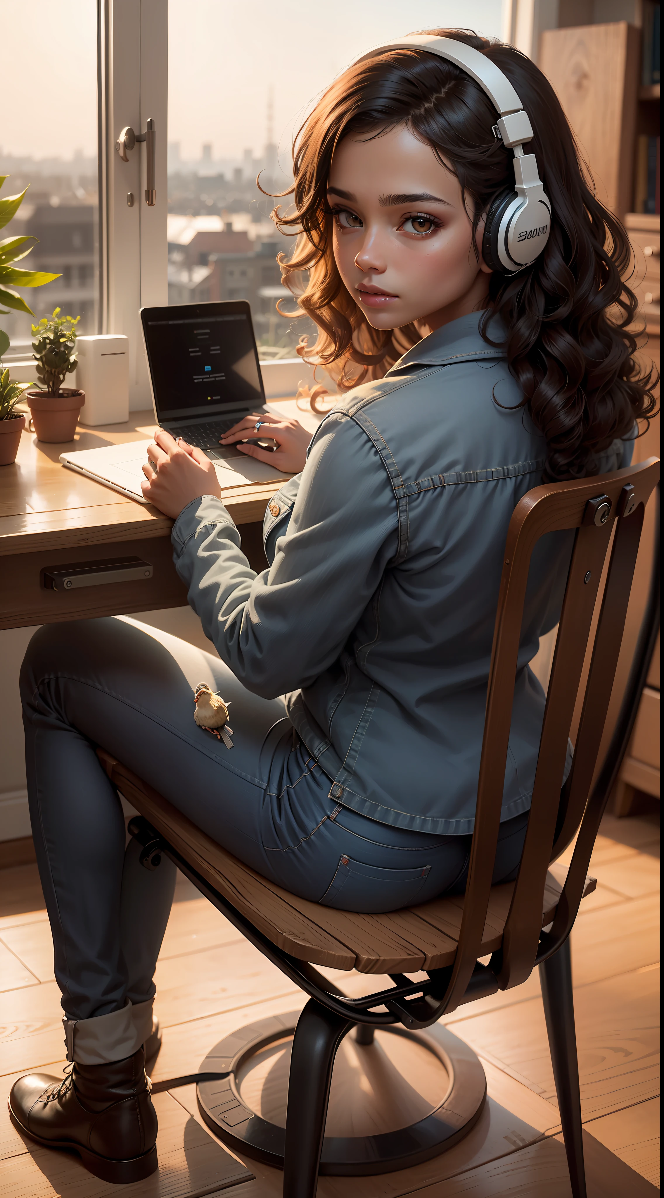 Portrait of a beautiful Brazilian girl, black skin, (((full body))), ((back to back)), (curly hair), ((sitting on a chair at the table with computer)), (headphones), in the bedroom, reading book, with bird, brown eyes, symmetrical eyes, highly detailed eyes, (wearing jeans), highly detailed facial features, finely detailed nose features, realistic, high definition, ultra hd skin and hair texture, facial symmetry, golden sun hour, ultra-hd, digital, panoramic perspective, extremely detailed